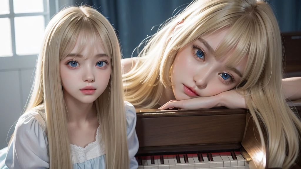 playing piano.silky shiny skin、22 year old cute sexy little beautiful face、Hair glows in front of a cute face、long silky bangs covering the eyes、pale light blue eyes、Young woman super long blonde shiny golden bright straight hair、with round face、Small face beauty、big eye、bright expression、The dress、Even big in clothes