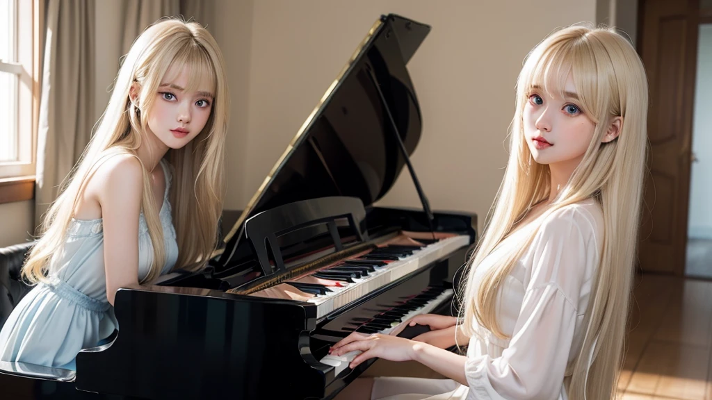 playing piano.silky shiny skin、22 year old cute sexy little beautiful face、Hair glows in front of a cute face、long silky bangs covering the eyes、pale light blue eyes、Young woman super long blonde shiny golden bright straight hair、with round face、Small face beauty、big eye、bright expression、The dress、Even big in clothes