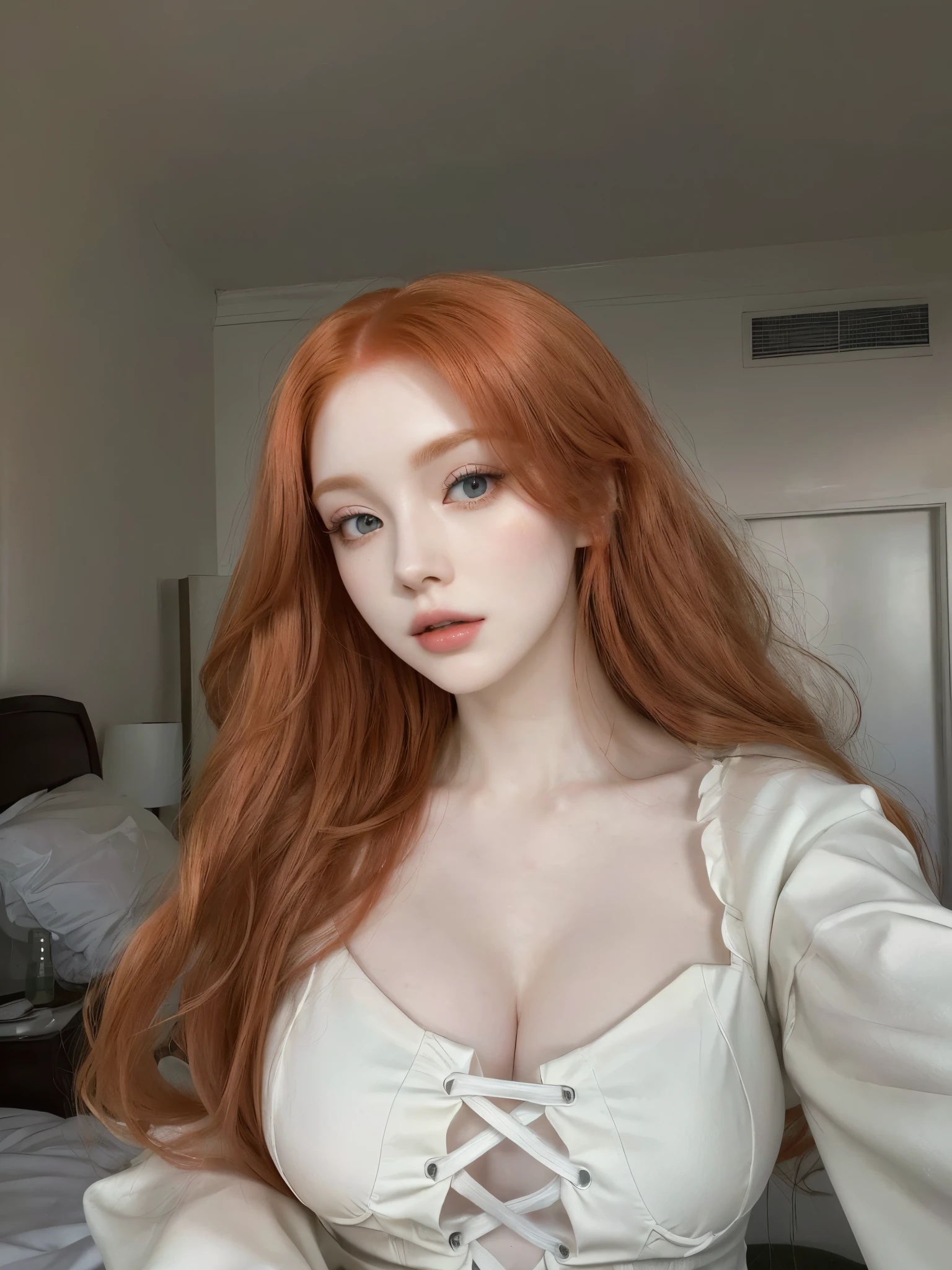 there is a woman with long red hair posing for a picture, with pale skin, amouranth, better known as amouranth, young beautiful amouranth, very very very pale white skin, very very pale white skin, pale fair skin!!, very pale white skin, very pale skin, very very very pale skin, pale glowing skin, extremely pale white skin, rose blackpink face, rose park, kpop idol rose blackpink, korean face, rose blackpink