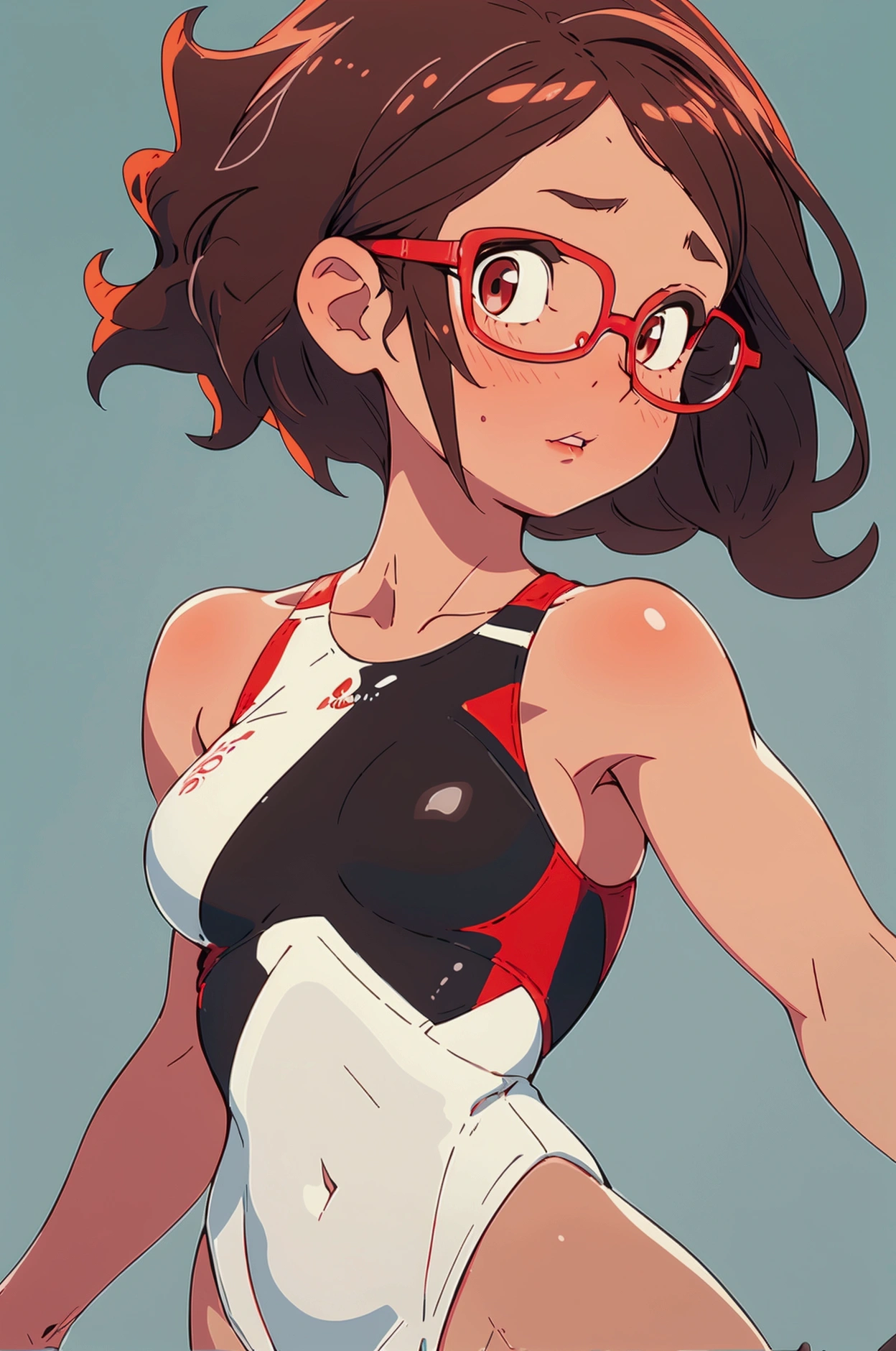 Sexy girl in a swimsuit with a bob cut, wearing glasses, jumping. White background, black eyes, white skin, large breasts, brown hair, body facing forward, exposed shoulders, emphasized breasts, open lips, red cheeks, high quality