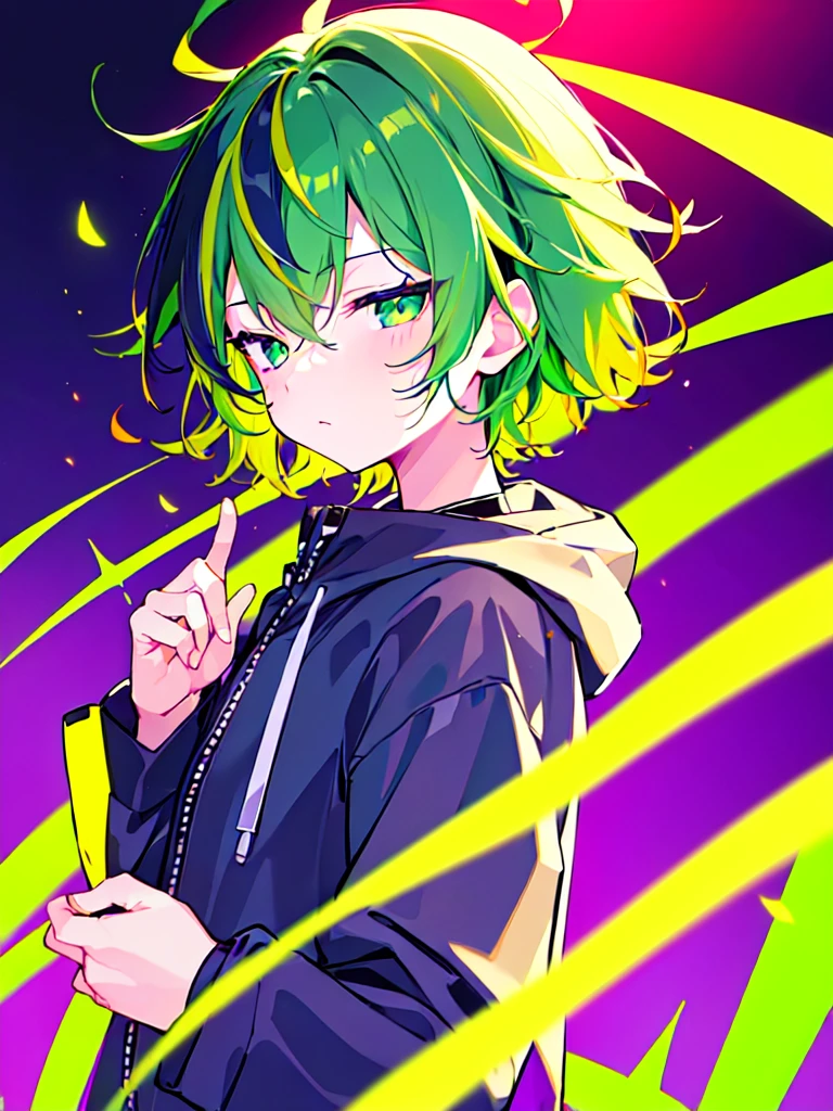 [(MUSIC STUDIO BACKGROUND:1.5),::5], ((((masterpiece)))), high quality, ultra very high resolution, full color, (((solo))), ((**********)), Purple hair, ((Green streaked hair)), (Green eyes), anime, ((upper body)), neon light, black parka, 