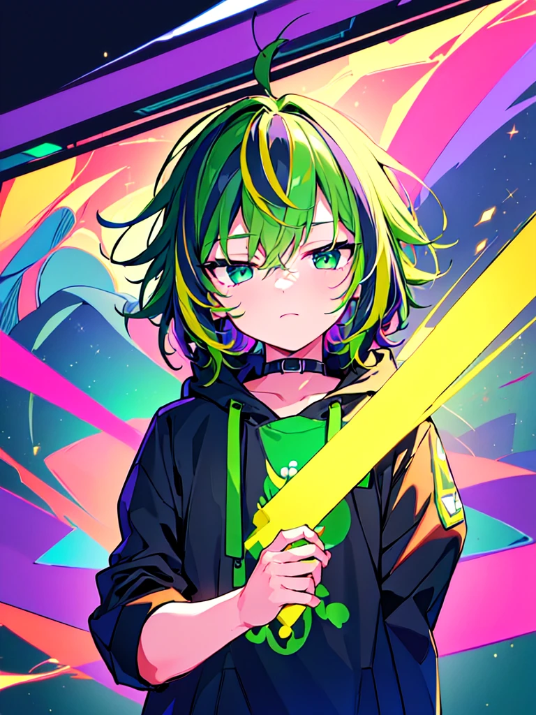 [(MUSIC STUDIO BACKGROUND:1.5),::5], ((((masterpiece)))), high quality, ultra very high resolution, full color, (((solo))), ((**********)), Purple hair, ((Green streaked hair)), (Green eyes), anime, ((upper body)), neon light, black parka, 