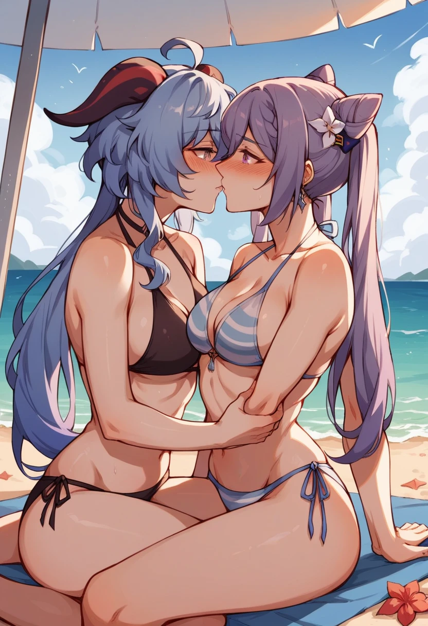 Genshin impact, 2 women, Yuri, purple hair keqing, ganyu, looking at each other, romantic kiss, blushing, bikini, beach, NSFW, ecchi 