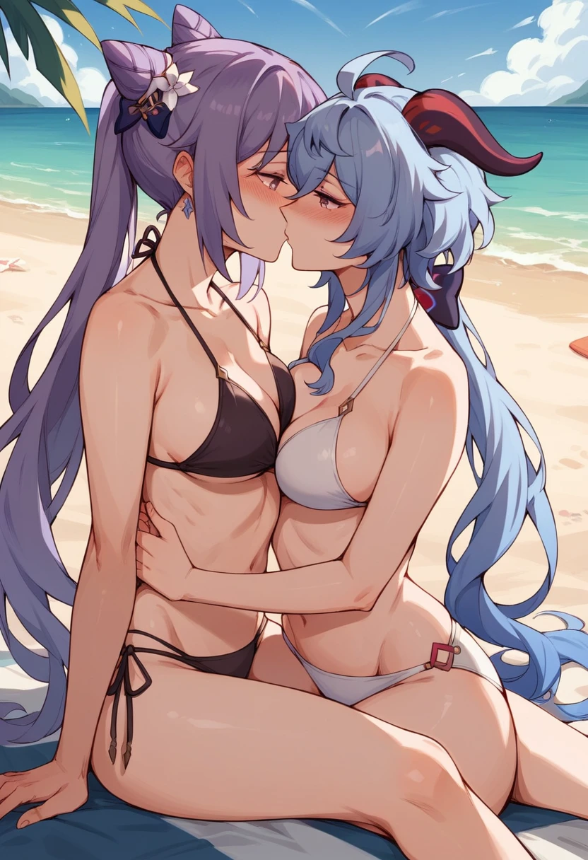 skinny, topless,neon blue and purple hair, labiagina, small breasts, small boobs, squatting, knees apart, rib cage, petite, long hair, wet body, arms behind back, back arching, ponytail, tangled in tentacles, tentacles in ass and vagina, kissing, lesbians, two girls, lesbian, tribbing, out, kiss, holding hands