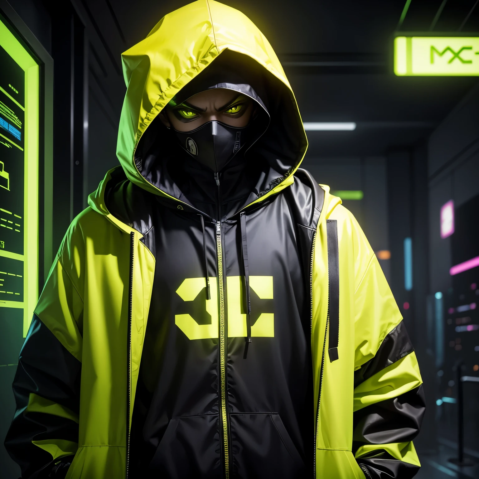 a Hooded male character in neon yellow, wearing a mask, with his hand in his pocket, dark, dark style character, hacker