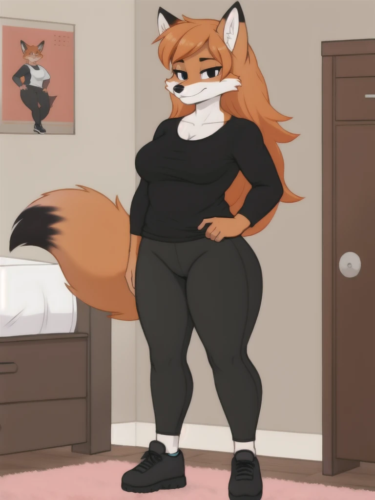 Furry, fox, female, black shirt, black leggings, shoes, bedroom, teen, standing, full body