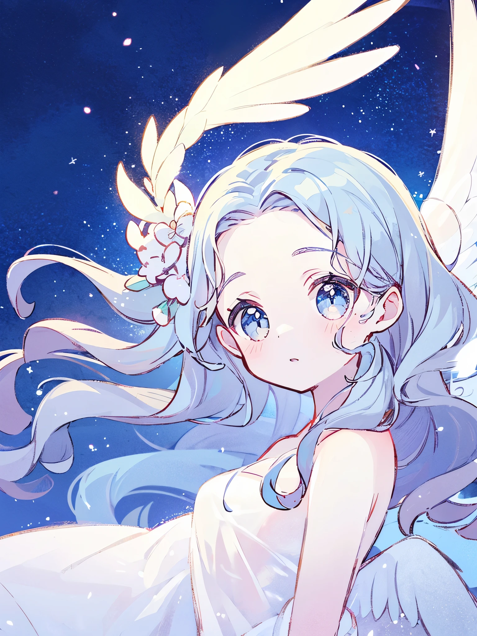 nude angel girl wearing an ethereal translucent dress, pale skin, ((blue mint wavy hair)), white feathers, angel wings, sparkling detailed eyes, golden ratio face, perfect composition, highly detailed, ethereal, (starry night sky background), midjourney style