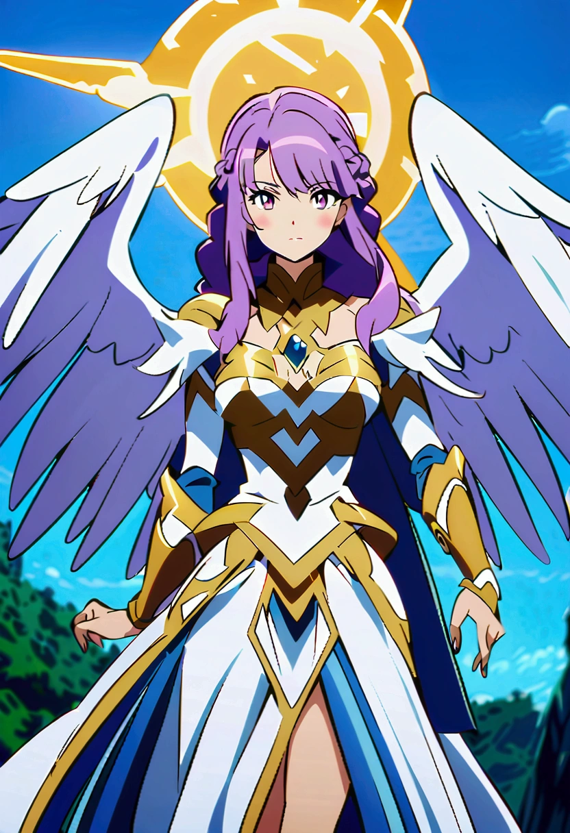 anime girl with purple hair with rosé braid and beauty mark under her left eye and angel wings in a blue sky, anime stylized, as a mystical valkyrie, background is heavenly, epic anime style, anime character, angel knight girl, , in anime style, in an anime style, stylized anime, style of magical girl