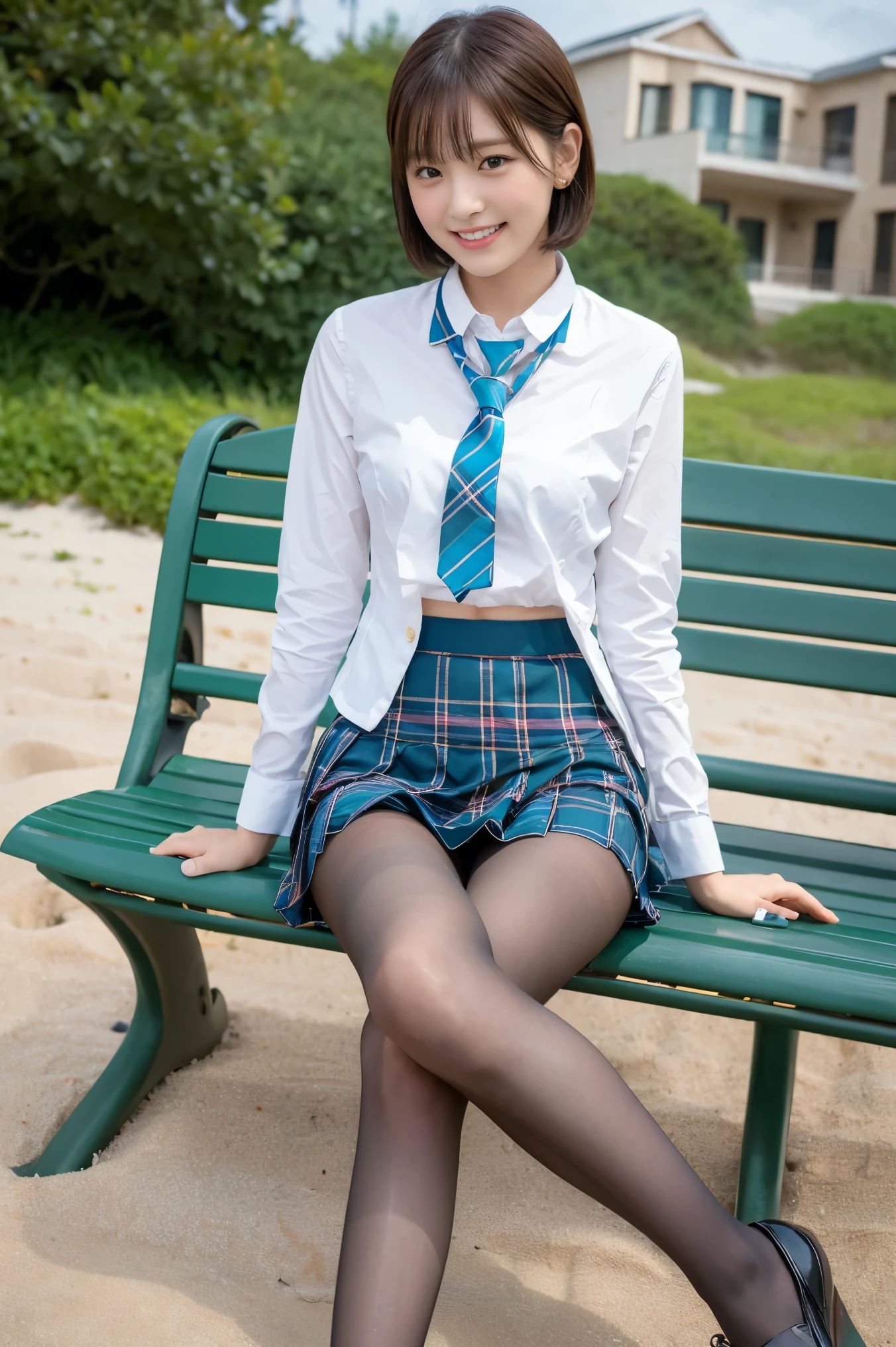 (8K), (highest quality: 1.2), (Realistic), (Realistic: 1.37), Ultra-high resolution, 1 girl, cute, (Embarrassed smile:1.2), (Blushing:1.4),Mouth closed, Beautiful details, Beautiful Nose, very short bob Hair,Navel exposed,University Student Uniform,A simple blazer,Pleated skirt,(The skirt and tie are tartan check pattern.:1.3),(Leather shoes), (sitting on a beach side park bench:1.2),(Shiny Thighs:1.2),(Very thin panty hose:1.2)