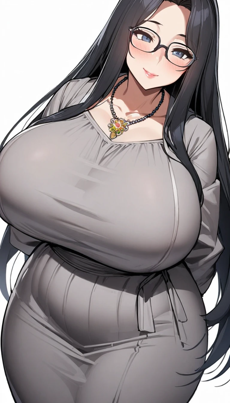 1girl,solo,Mature Woman,Black Hair,long hair,Glasses,mother,gentle,kind face,Super huge breasts,Big thighs,Dresses that emphasize the lines of the body,necklace,standing up,Looking at this,Inclusive,White background,