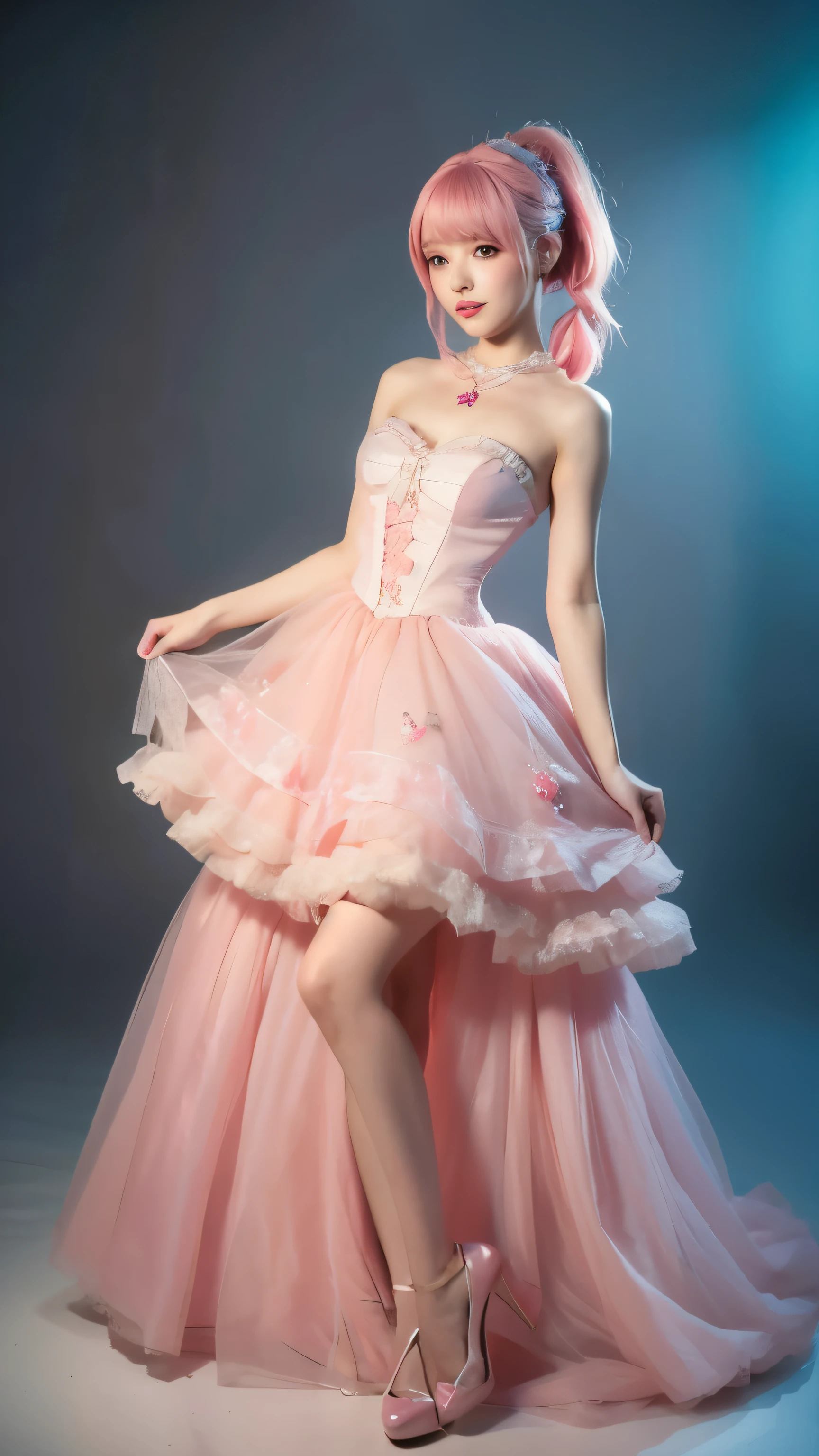 Full body of a person wearing a pink dress and having pink hair, Animation inspired by Louis Grell, Popular on Pixiv, Rococo, Anime Girl Cosplay, Anime role playing, Belle Delphine, Anime girls in real life, Anime Barbie, Charming role play, Fairy Tale Core, Red wig, Gorgeous role-playing, Pink ponytail hair and cyan eyes,Perfect body,Long legs,Fair skin tone,Solid color background,Mood Lighting