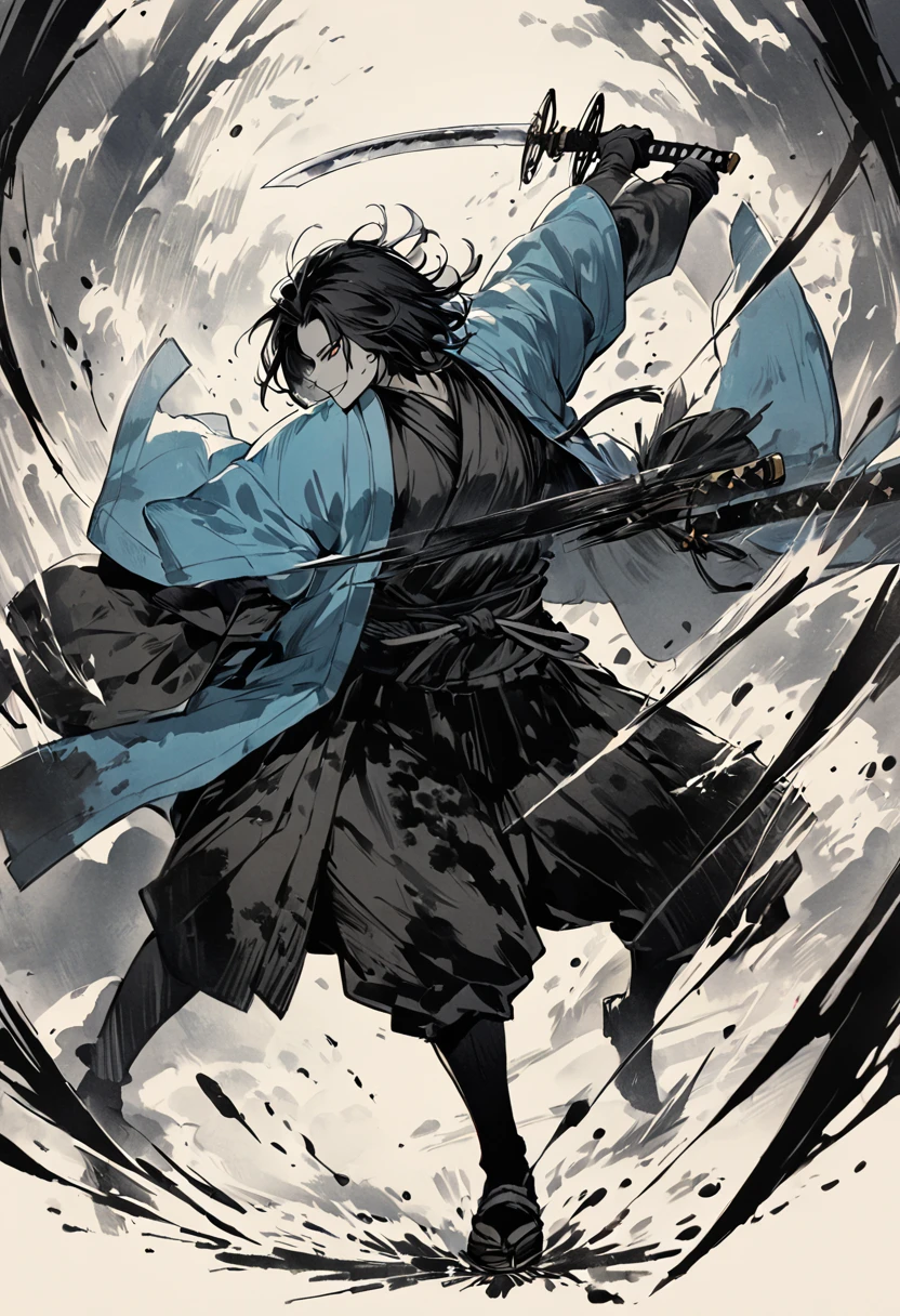 Ink painting,1color,whole body,smile,Medium Hair,Samurai,Black kimono,(haori),(Intense sword fighting scene with outstretched arms),Drawing strokes drawn with rot ring 0,Dynamic movement and powerful brushstrokes、splash,
