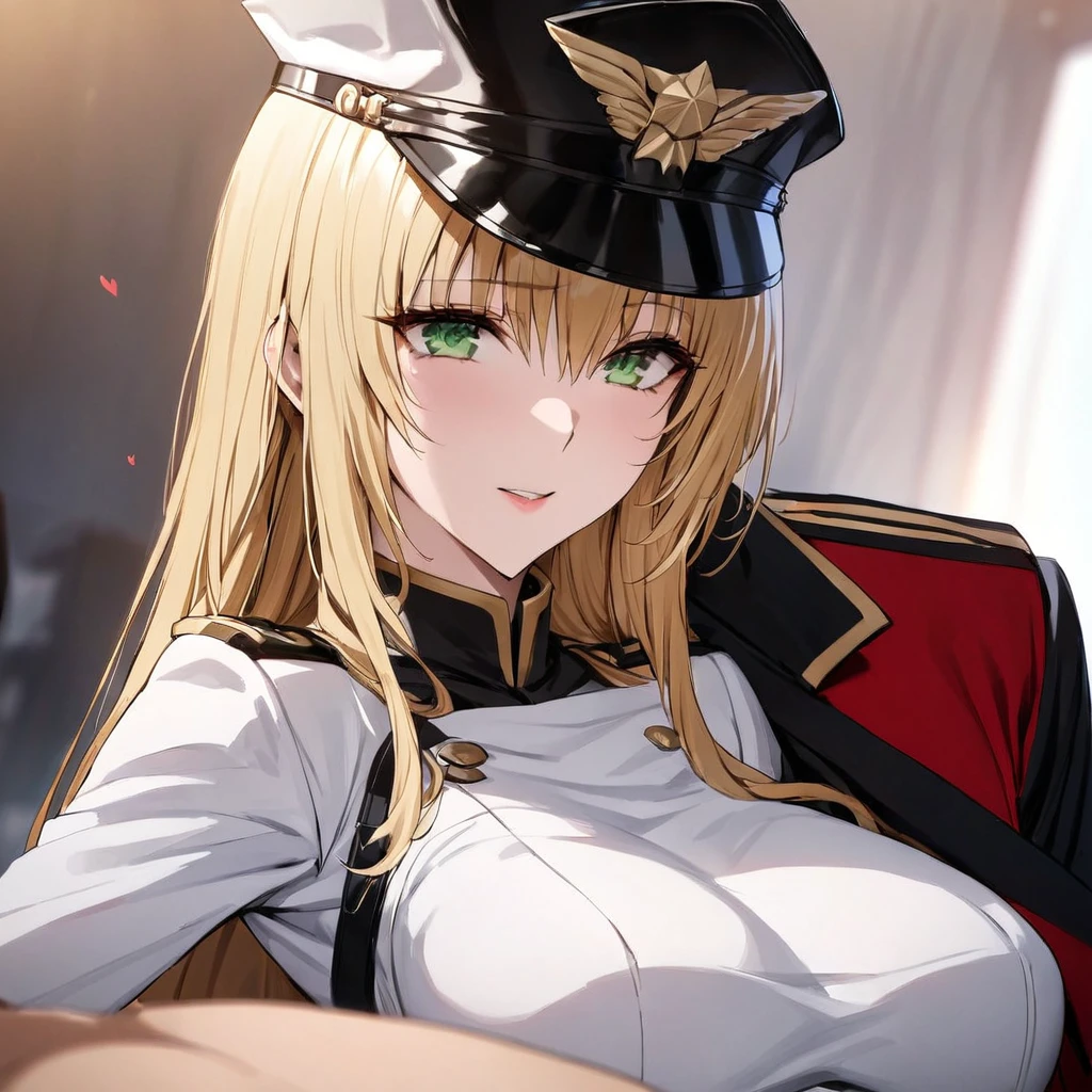 ((Highest quality)), ((masterpiece)), (detailed), （Perfect Face）、The woman is Tiare, a beautiful Space Imperial Army officer with green eyes and medium-long blonde hair, wearing a Space Imperial Army uniform and military cap.、The woman swears her love and loyalty to Emperor Palpatine and serves him by his side.