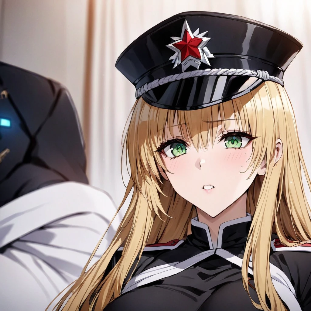 ((Highest quality)), ((masterpiece)), (detailed), （Perfect Face）、The woman is Tiare, a beautiful Space Imperial Army officer with green eyes and medium-long blonde hair, wearing a Space Imperial Army uniform and military cap.、The woman swears her love and loyalty to Emperor Palpatine and serves him by his side.