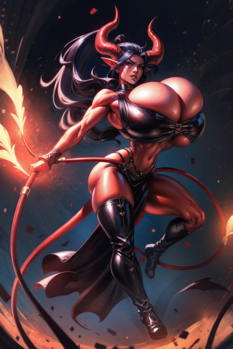 Busty Red skin succubus tiefling, large breasts, black horns, wings, huge tail, black leather, crop top, long flowing pelvic curtain, tall, toned, graceful, thin, long black ponytail. Action scene, whip. Dark scene, explosions, night sky.