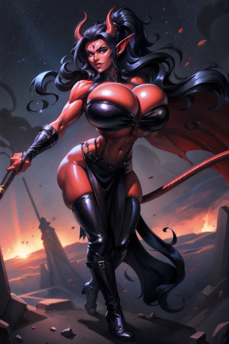 Busty Red skin succubus tiefling, large breasts, black horns, wings, huge tail, black leather, crop top, long flowing pelvic curtain, tall, toned, graceful, thin, long black ponytail. Action scene, whip. Dark scene, explosions, night sky.