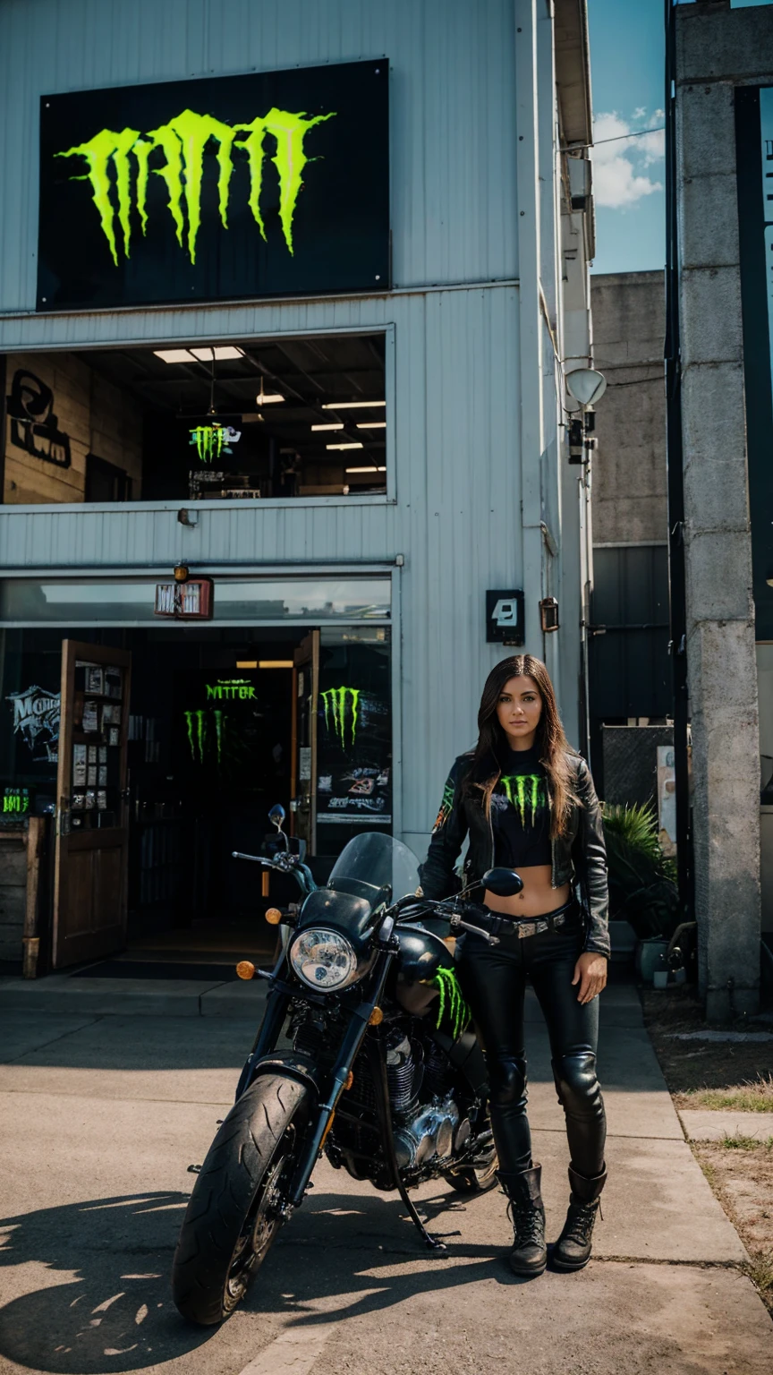 The image shows a motorcycle with a woman standing next to it, and there's a sign that says \"MONSTER ENERGY\" in the background. The image shows a motorcycle with a woman standing next to it, and there's a sign that says \"MONSTER ENERGY\" in the background.