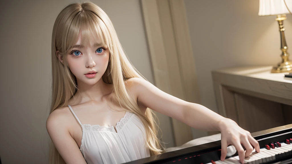 playing piano.silky shiny skin、22 year old cute sexy little beautiful face、Hair glows in front of a cute face、long silky bangs covering the eyes、pale light blue eyes、Young woman super long blonde shiny golden bright straight hair、with round face、Small face beauty、big eye、bright expression、The dress、Even big in clothes