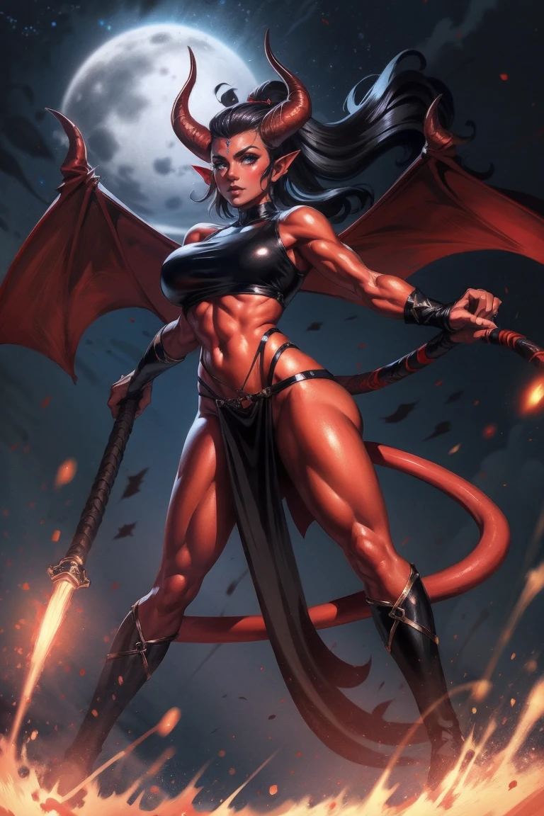 Red skin succubus tiefling, medium breasts, black horns, wings, huge tail, black leather, crop top, long flowing pelvic curtain, tall, toned, graceful, thin, long black ponytail. Action scene, whip. Dark scene, explosions, night sky.
