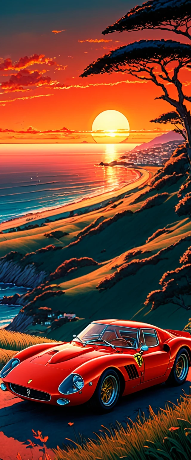 High quality, 8K Ultra HD. The image shows a boy next to an anime Ferrari 250 GTO looking at the ocean at sunrise from a grassy hill, with a background of vibrant blue sky and red and orange tones of the sun. anime art wallpaper 4k, anime art wallpaper 4K, anime background, anime art wallpaper 8K, anime art background, anime landscape wallpaper, amazing wallpaper, high quality wallpaper definition,4k animated wallpaper,4k animated wallpaper,Aries Moross art,Bob Byerley art,AshleyWoodArtAI,greg rutkowski