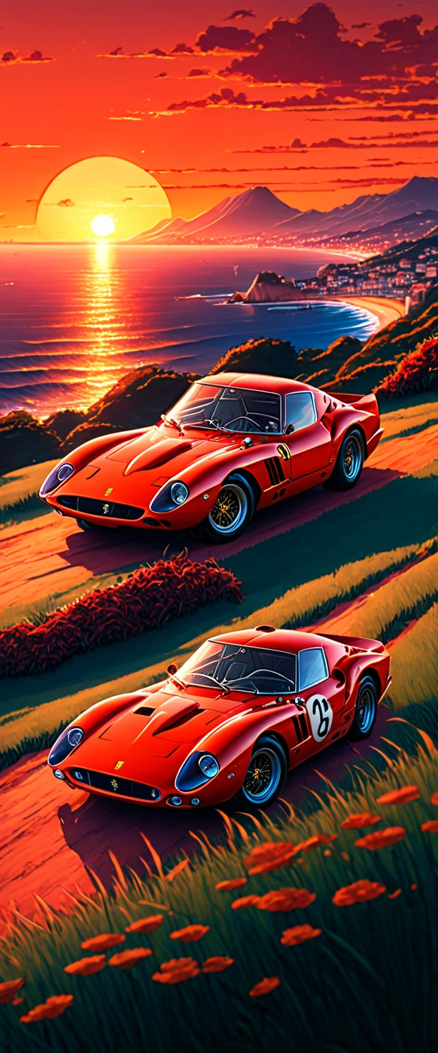 High quality, 8K Ultra HD. The image shows a boy next to an anime Ferrari 250 GTO looking at the ocean at sunrise from a grassy hill, with a background of vibrant blue sky and red and orange tones of the sun. anime art wallpaper 4k, anime art wallpaper 4K, anime background, anime art wallpaper 8K, anime art background, anime landscape wallpaper, amazing wallpaper, high quality wallpaper definition,4k animated wallpaper,4k animated wallpaper,Aries Moross art,Bob Byerley art,AshleyWoodArtAI,greg rutkowski