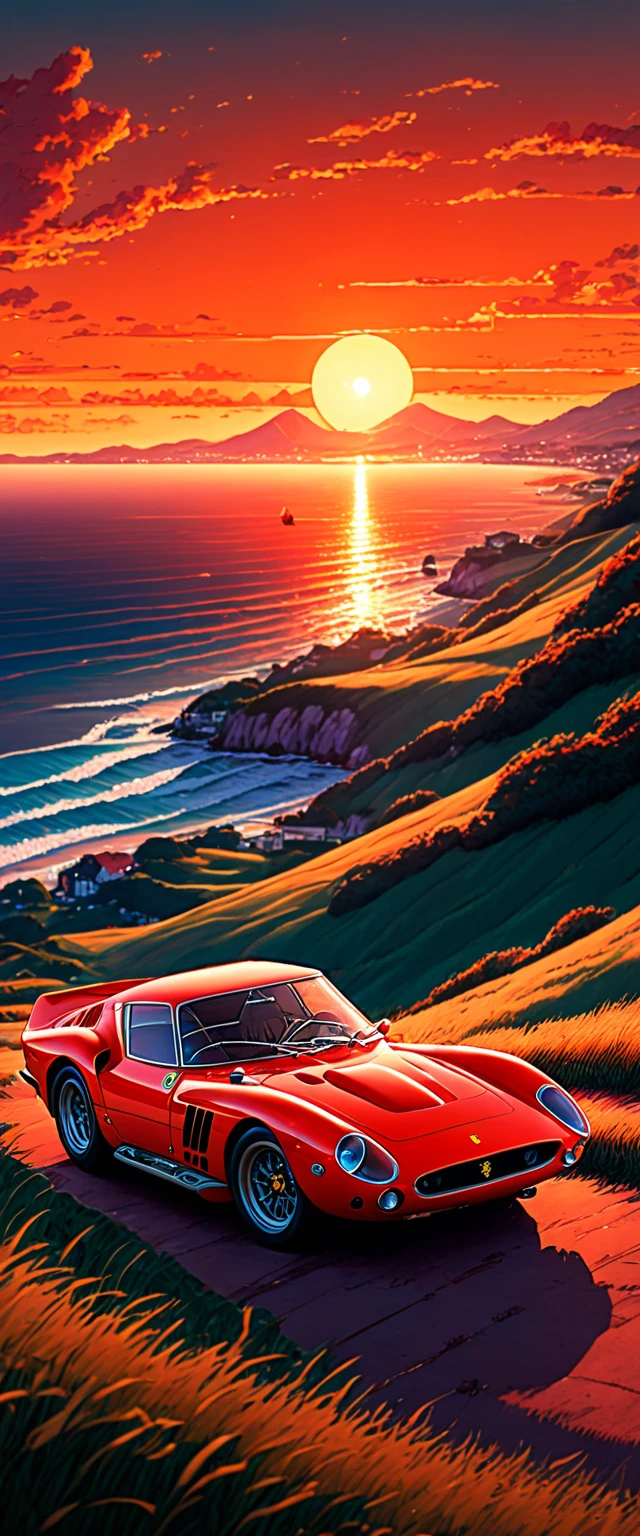 High quality, 8K Ultra HD. The image shows a boy next to an anime Ferrari 250 GTO looking at the ocean at sunrise from a grassy hill, with a background of vibrant blue sky and red and orange tones of the sun. anime art wallpaper 4k, anime art wallpaper 4K, anime background, anime art wallpaper 8K, anime art background, anime landscape wallpaper, amazing wallpaper, high quality wallpaper definition,4k animated wallpaper,4k animated wallpaper,Aries Moross art,Bob Byerley art,AshleyWoodArtAI,greg rutkowski