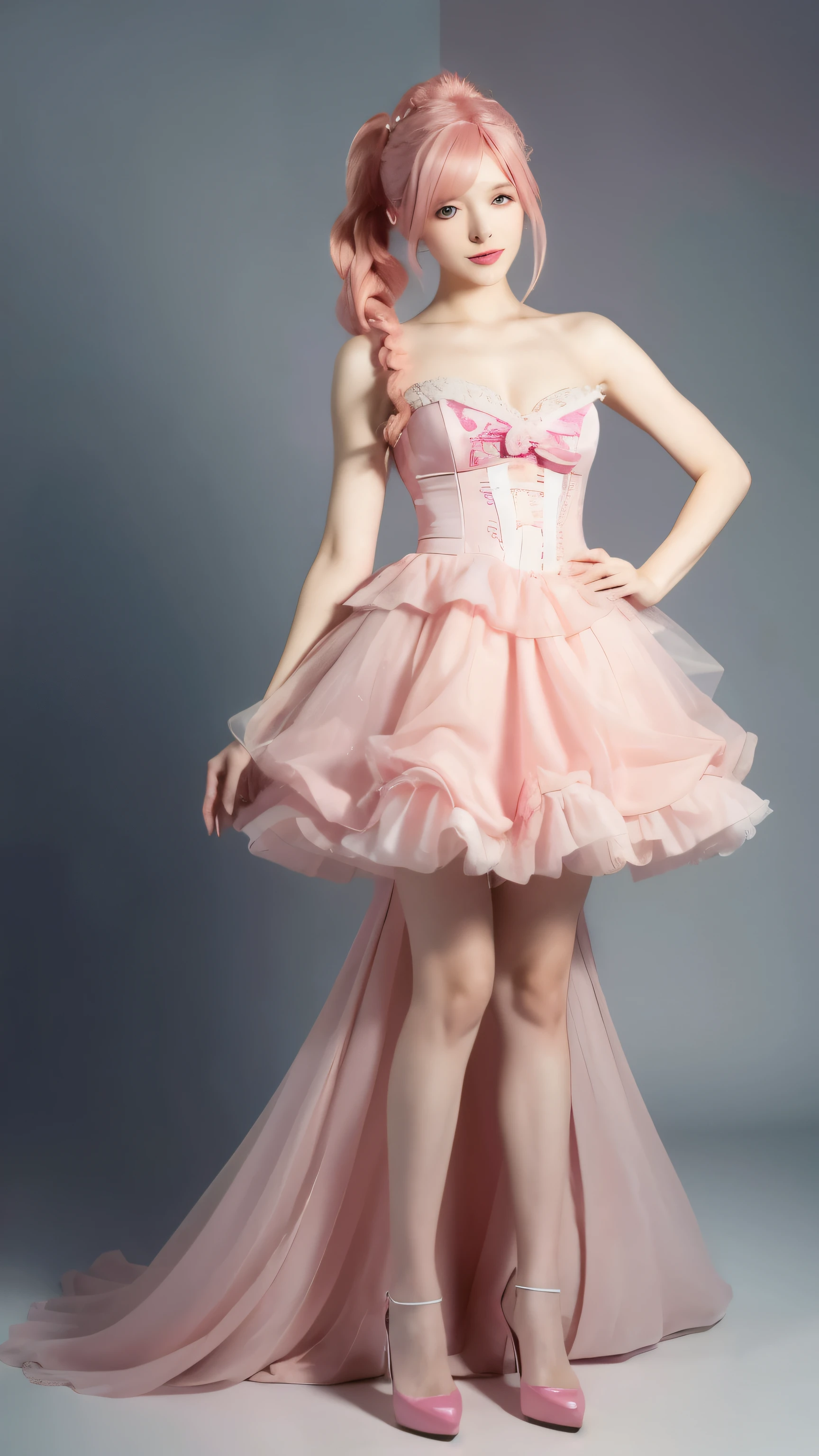 Full body of a person wearing a pink dress and having pink hair, Animation inspired by Louis Grell, Popular on Pixiv, Rococo, Anime Girl Cosplay, Anime role playing, Belle Delphine, Anime girls in real life, Anime Barbie, Charming role play, Fairy Tale Core, Red wig, Gorgeous role-playing, Pink ponytail hair and cyan eyes,Perfect body,Long legs,Fair skin tone,Solid color background,Mood Lighting