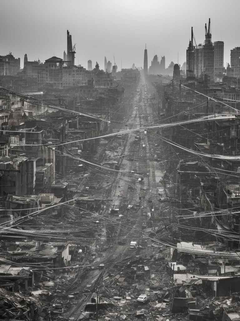 Image from the height of 100 meters of a wide and curved Goldengate style bridge crossing the city made of gray concrete in ruins in the landscape, it is supported by wide and tall Gothic pillars, There are cars passing over the center of a modern ultra futuristic abandoned city, com carros e ônibus rusty, rusty, sujos e rusty, upside down in the street, has dirty modern tall round and circular buildings in ruins and collapsing, cyberpunkstyle, gray environment, night sky, tenebrosa, the night, image with shades of gray, rain and puddles of water on the ground, Science fiction, Nuclear apocalypse with smoke from buildings, urban scenery with poles with traffic lights turned off falling and wires from poles lying on the ground,  there is a rusty wire fence around the buildings, There are billboards and lights that are turned off and fallen from buildings, many buildings collapsing on the horizon, There are collapsed buildings;, rubble and trash in the streets, there&#39;s a girl dressed dirty, torn clothes and hood walking down the street looking at the horizon, as realistic as possible, high qualiy, 4K, hyperdetailed