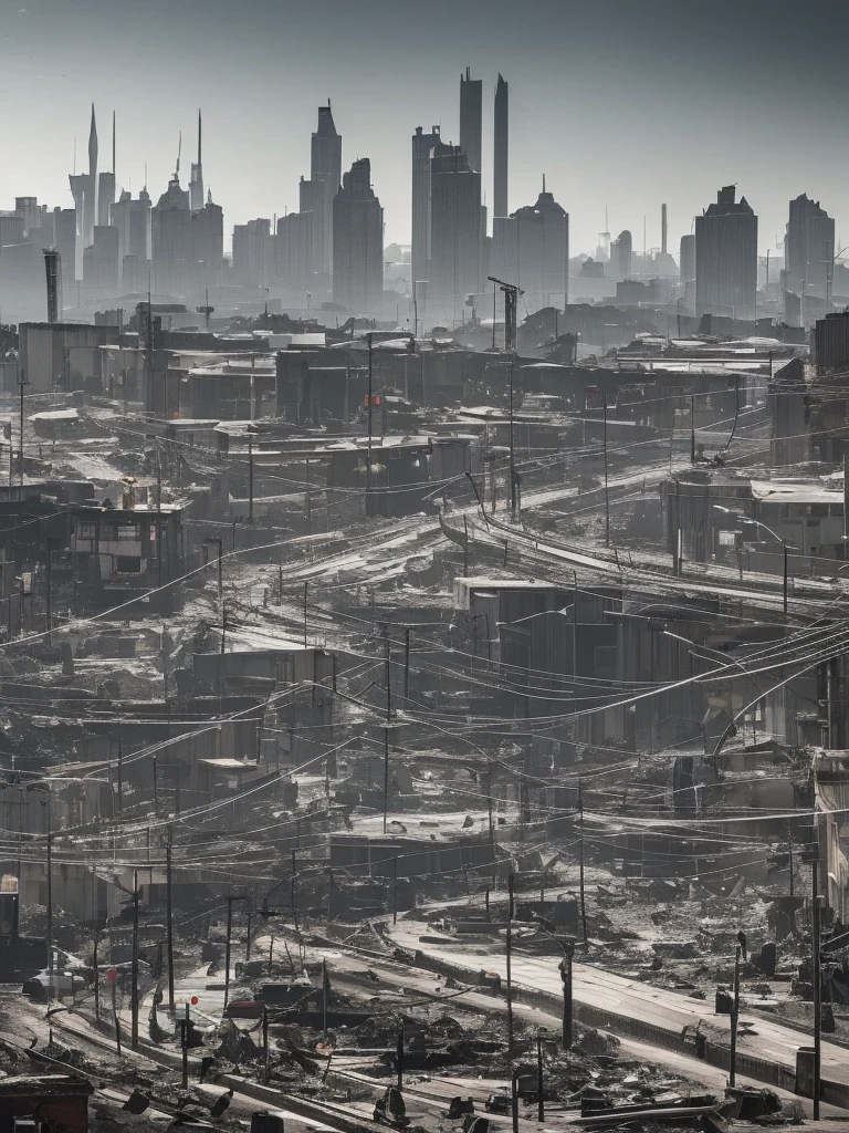 Image from the height of 100 meters of a wide and curved Goldengate style bridge crossing the city made of gray concrete in ruins in the landscape, it is supported by wide and tall Gothic pillars, There are cars passing over the center of a modern ultra futuristic abandoned city, com carros e ônibus rusty, rusty, sujos e rusty, upside down in the street, has dirty modern tall round and circular buildings in ruins and collapsing, cyberpunkstyle, gray environment, night sky, tenebrosa, the night, image with shades of gray, rain and puddles of water on the ground, Science fiction, Nuclear apocalypse with smoke from buildings, urban scenery with poles with traffic lights turned off falling and wires from poles lying on the ground,  there is a rusty wire fence around the buildings, There are billboards and lights that are turned off and fallen from buildings, many buildings collapsing on the horizon, There are collapsed buildings;, rubble and trash in the streets, there&#39;s a girl dressed dirty, torn clothes and hood walking down the street looking at the horizon, as realistic as possible, high qualiy, 4K, hyperdetailed