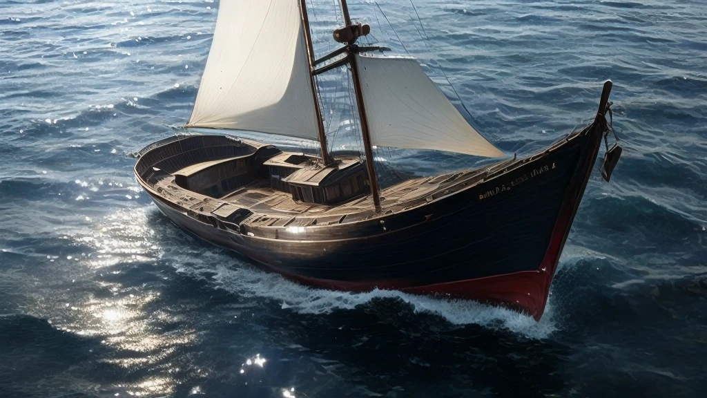 There is a boat floating on the water, glare on the water, Water texture, Rippling Water, Background water, Dark ocean water, water ripple, Rippling Water, Beautiful Water, There is water everywhere, Shimmering iridescent water, Above seawater, extremely detailed Water texture, Water reflecting the sunlight, ripple, Water surrounds the ship