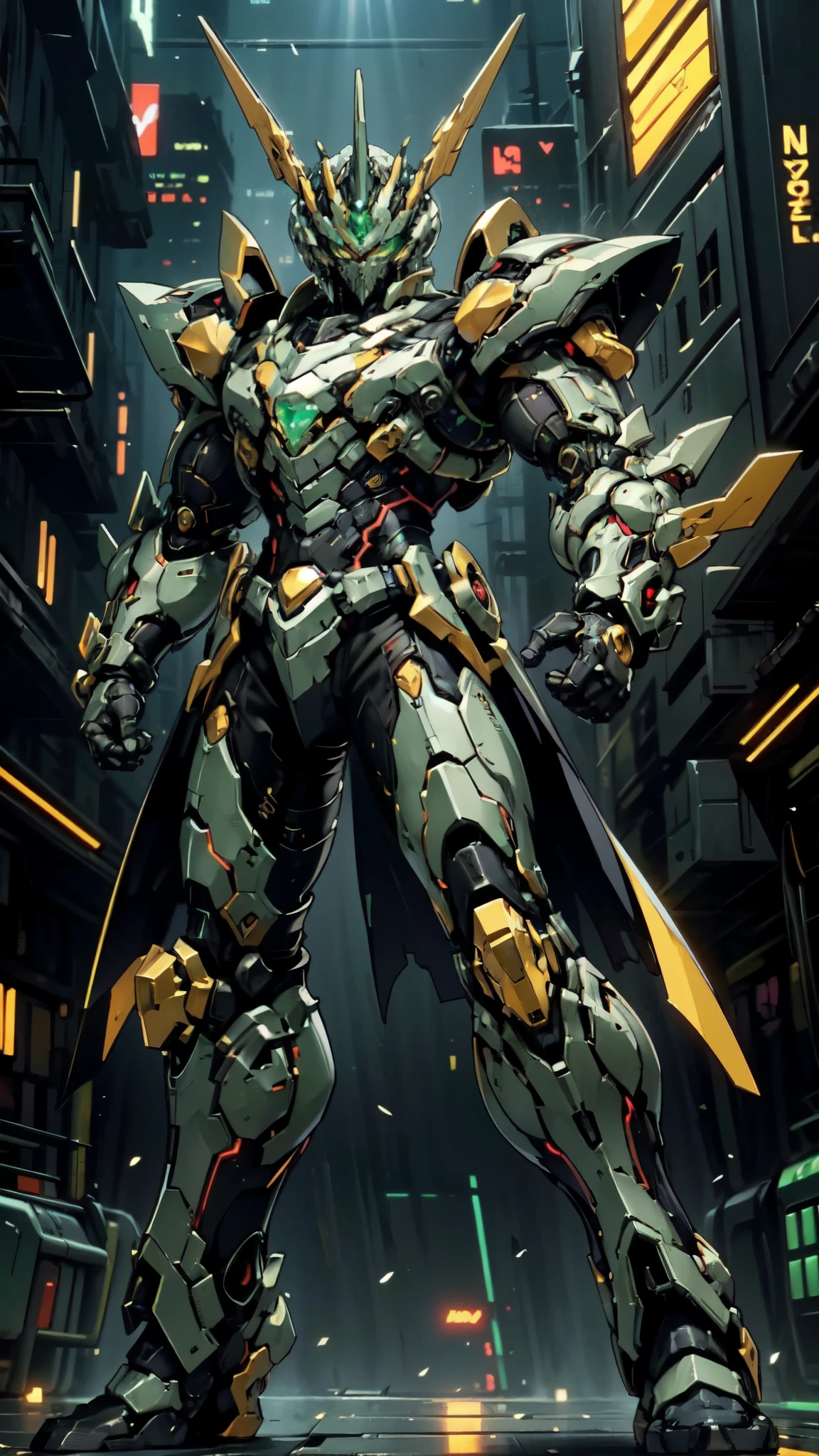 (masterpiece:1.5, best quality:1.5, extremely delicate:1.5, perspective:1.5, foreshortening:1.5, dynamic angle:1.5), a man wearing a full-face helmet, a fantasy-style biotech armored combat suit, green eyes, (a composite layered chest armor), fully enclosed shoulder guards, matching arm and leg guards, the belt is adorned with neon circuitry, (the color scheme is primarily black glow with green and red accents), the design balances heavy with agility, a high-tech bio-mecha armor, (Armor Concept Inspired by neon Cyberpunk, stand on the top of a skyscraper in a futuristic sci-fi city), this character embodies a finely crafted fantasy-surreal style armored hero in anime style, exquisite and mature manga art style, (battle damage, element, plasma, energy, the armor glows), ((male:1.5)), metallic, high definition, highres, ultra-detailed, ultra-fine painting, professional, perfect body proportions, golden ratio, anatomically correct, symmetrical face, extremely detailed eyes and face, high quality eyes, creativity, RAW photo, UHD, 32k, Natural light, cinematic lighting, masterpiece-anatomy-perfect