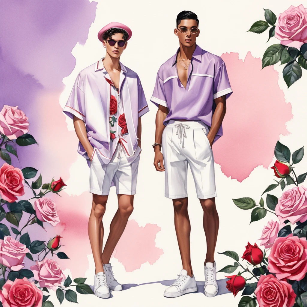 candid fashion illustration of young Mixed race 2man, both aged 18-23 year old, ((showcase fashion look book in linen outfits)), the design inspired by Lucifer Rose by KAWAMOTO Rose Garden, in elegant chic style. The man wears an oversized short-sleeved shirt with a minimal rose embroidery details, paired with relaxed-fit white Short with Drawstring, He completes his look with white sneakers and round glasses. The boyfriend complements him in a  skinny fitted speedo in a stripe pattern, semi bulge, He resemble includes an accessorizes with a hat and white sneakers, Captured in a low angle, ((full-body image)), ((Lucifer roses motifs background)), fashion sketching, realistic drawing, ((imperfect water color drawing background)), fashion look book, fashion illustrator, fashion sketch design, gay, gay couple, Lucifer Rose pearlised lilac tone.