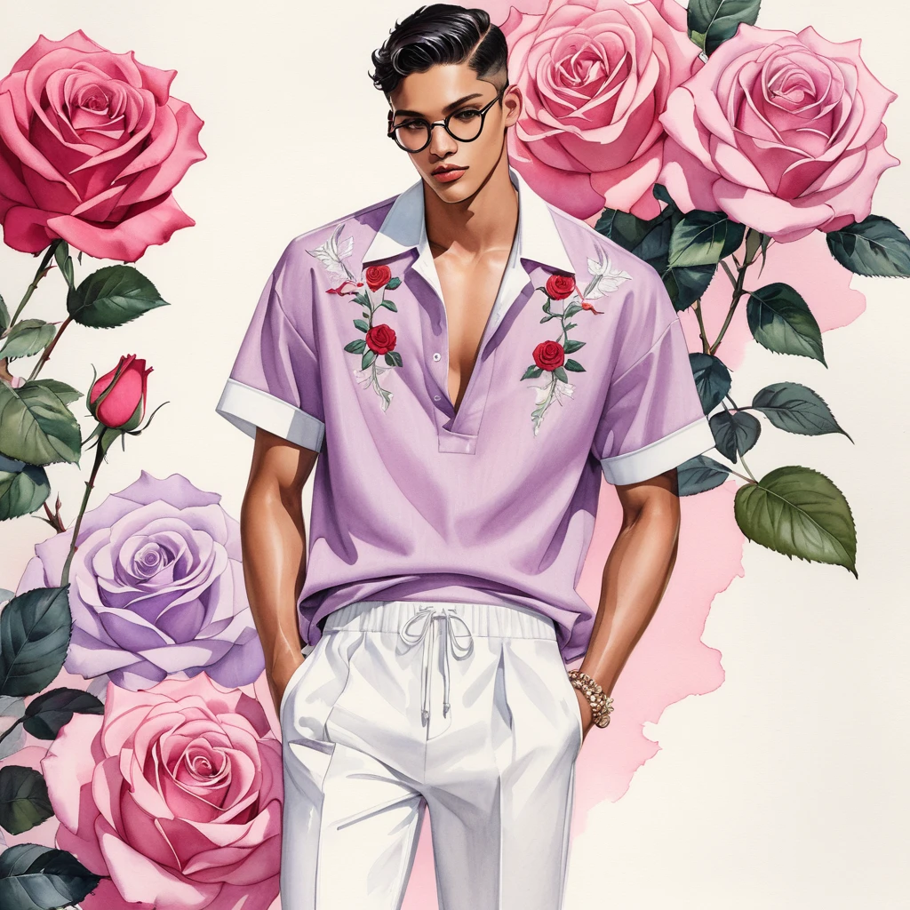 candid fashion illustration of young Mixed race 2man, both aged 18-23 year old, ((showcase fashion look book in linen outfits)), the design inspired by Lucifer Rose by KAWAMOTO Rose Garden, in elegant chic style. The man wears an oversized short-sleeved shirt with a minimal rose embroidery details, paired with relaxed-fit white Short with Drawstring, He completes his look with white sneakers and round glasses. The boyfriend complements him in a  skinny fitted speedo in a stripe pattern, semi bulge, He resemble includes an accessorizes with a hat and white sneakers, Captured in a low angle, ((full-body image)), ((Lucifer roses motifs background)), fashion sketching, realistic drawing, ((imperfect water color drawing background)), fashion look book, fashion illustrator, fashion sketch design, gay, gay couple, Lucifer Rose pearlised lilac tone.