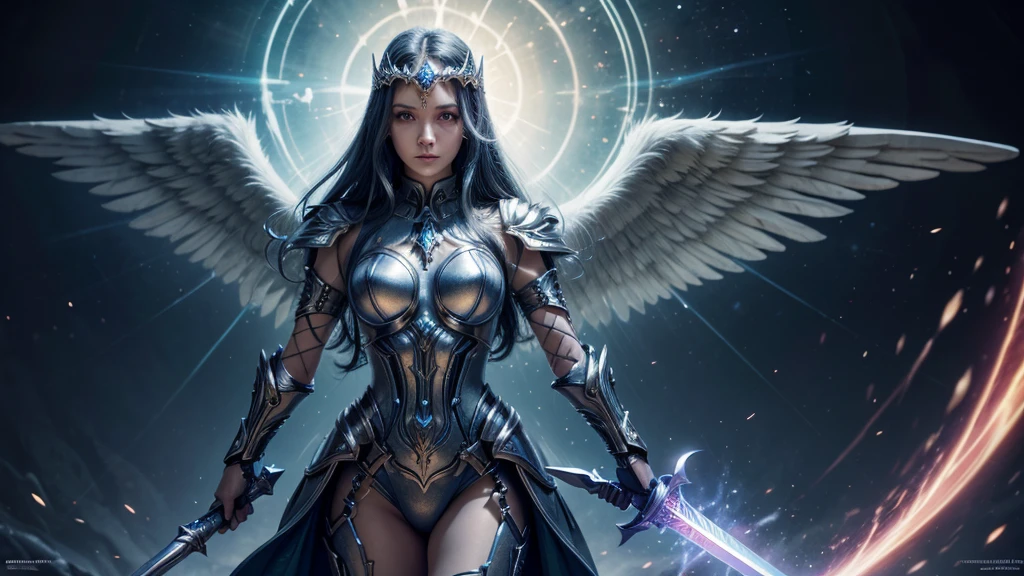 Cosmic angel, Tyrell, weapon Holy sword in hand, bright light eyes, Biomechanical, Eldritch,Very bright colors, Particles of light, With luminous light, wallpaper art, UHD wallpaper, Medieval costumes hyper-detailed guard