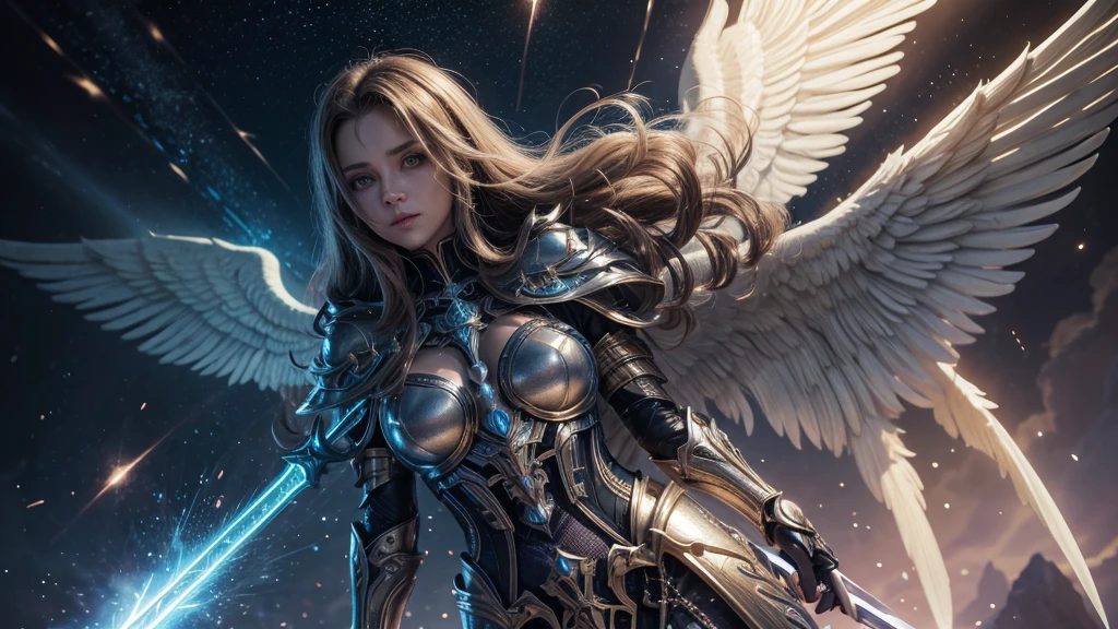 Cosmic angel, Tyrell, weapon Holy sword in hand, bright light eyes, Biomechanical, Eldritch,Very bright colors, Particles of light, With luminous light, wallpaper art, UHD wallpaper, Medieval costumes hyper-detailed guard