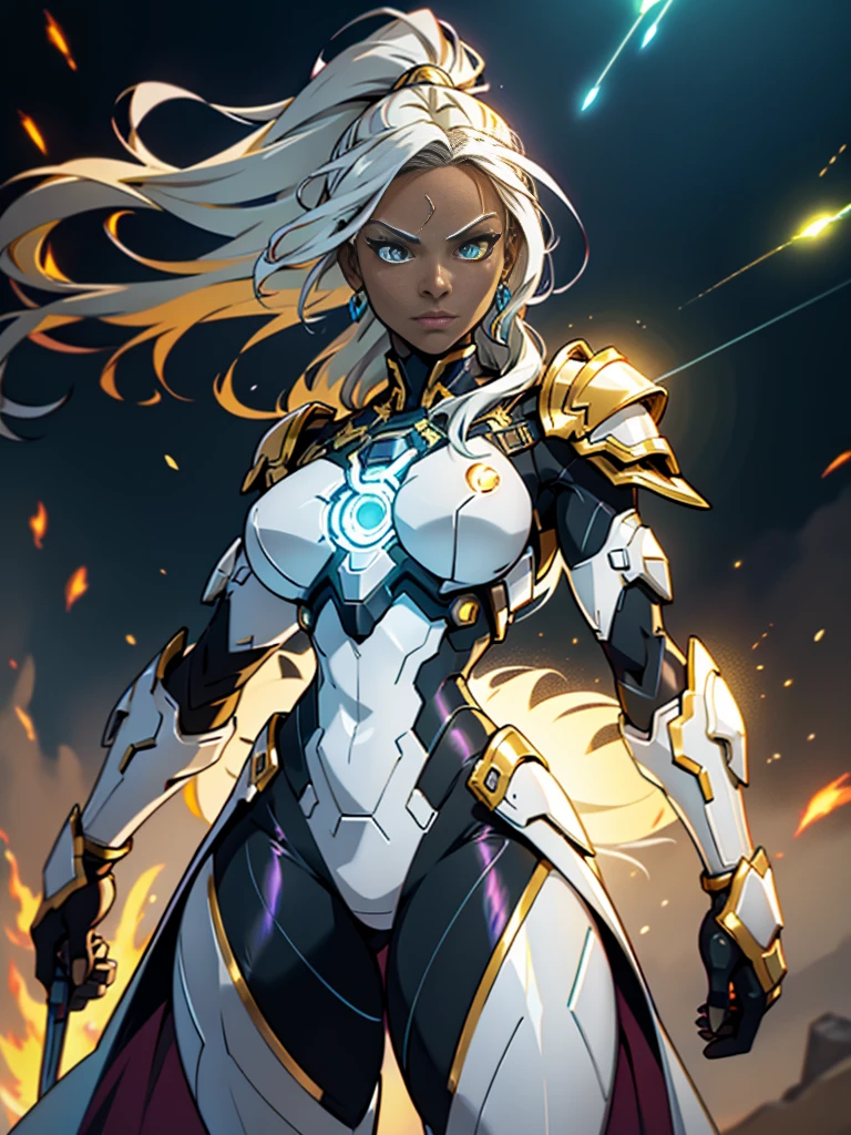 1female, multicolored hair, multicolored highlights, black woman wearing metal armor, dark skin, bioluminescence, energy, fire, eletricity, whirlwind, rain, hard light, striking contrast, gold hair, golden hair, white hair, silver hair, gray hair, glowing tattoos, magic, psychic, mystic, dynamic movement perspective, dynamic perspective pose, long hair, colored eyelashes, shiny, reflective, metal, metallic, gunblade, pistol dagger, organic armor, fit curvy female, photorealistic, cinematic