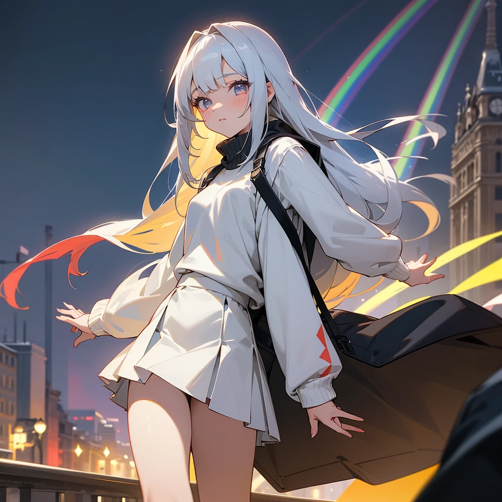 A 16-year-old woman with long white loose hair and no jewelry on her head. In light rainbow eyes, a cute look, wearing a white long-sleeved sweater. Wear a gray short skirt. Carrying a black backpack, walking in Central Paris is a backdrop of a city lit up at night full of buildings, an Anime masterpiece.
