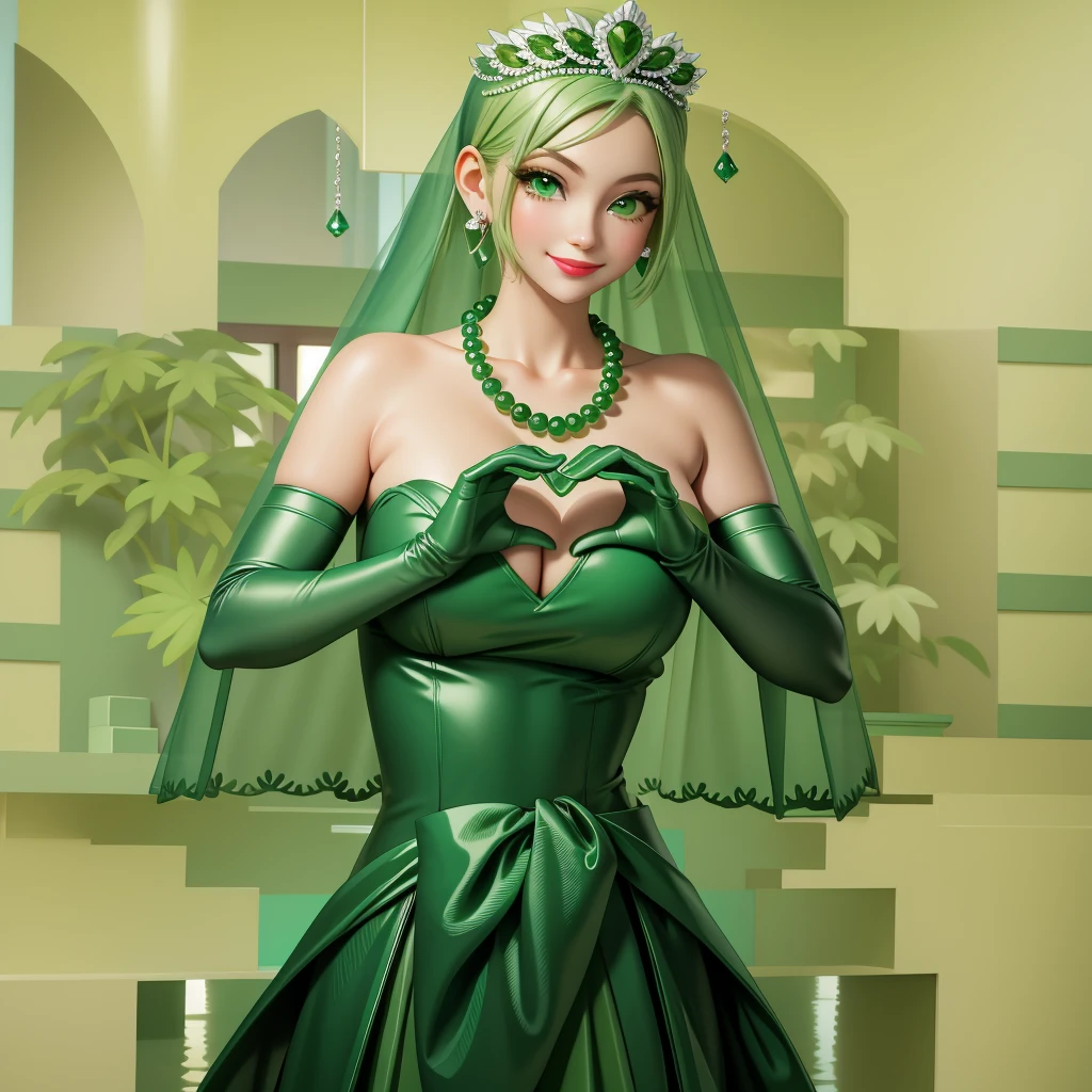 Emerald tiara, Green Pearl Necklace, ボーイッシュな非常に短いGreen Hair, Green Lips, Smiling Japanese woman, Very short hair, Busty beautiful lady, Green Eyes, Green satin long gloves, Green Eyes, Emerald Earrings, Green veil, Heart with both hands, Green Hair, Beautiful Japanese Woman, Heart shaped hands:1.3, green lip gloss