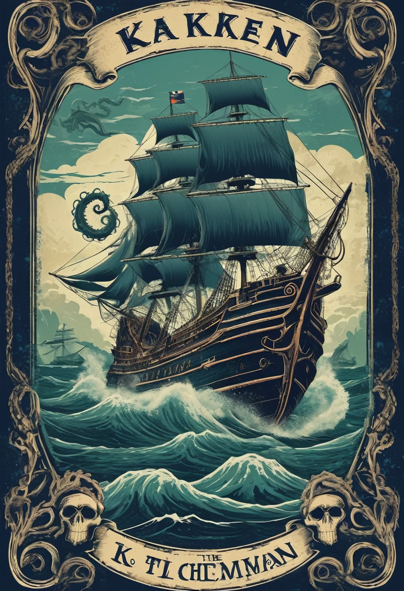 A poster cover,Medieval retro style,Nautical theme,The Kraken is a sea monster that was the captain of the Flying Dutchman,Has a terrifyingly large body,Countless tentacles,Can easily destroy a huge ship。,Dark background,Retro shabby atmosphere,Caribbean Type