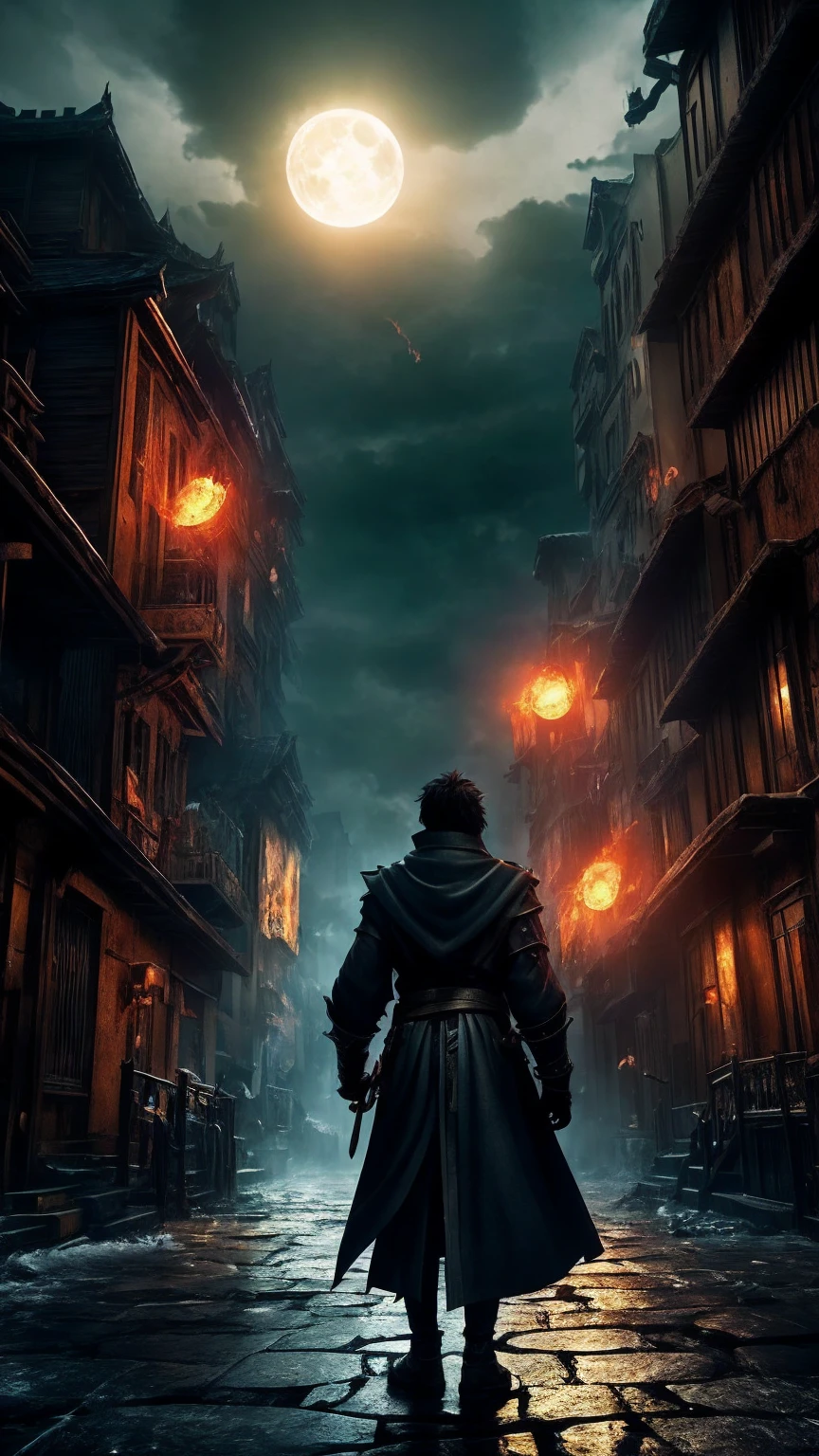Create an animated illustration inspired by these lyrics. The scene symbolizes an epic moment of fighting the darkness and finding the light of hope. In the foreground is a young man bravely standing his ground. He stands on a street corner in the darkness, a determined look on his face as he looks to the future.
The young man has short black hair and wears a black coat and boots. In his hand he holds a flaming sword that glows with a light that warms his frozen heart. Around him, the shadows of demons stir and fear and despair swirl, but his courage and determination cut through the darkness.
The background depicts a city at night, dark and somber. Eerie shadows hover on street corners, and bells tolling with doom. In the distance, the end of the night, a whirlwind of despair, can be seen, and a maddened demon is about to awaken.
A red moon floats in the sky, accentuating the sense of dread and tension. Around them float souls consumed by darkness, and the atmosphere is one of sorrow and anger.
The overall mood conveys the determination and courage to light a fire in the frozen hearts and be a light that illuminates the darkness as the nightmare melody of the Hyakki Yakko banquet begins and tears at the souls. The illustration symbolizes a figure rising up to seize the future in the midst of the incessant battle.
Translated with DeepL.com (free version)