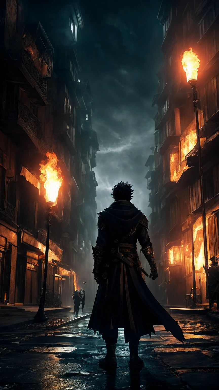 Create an animated illustration inspired by these lyrics. The scene symbolizes an epic moment of fighting the darkness and finding the light of hope. In the foreground is a young man bravely standing his ground. He stands on a street corner in the darkness, a determined look on his face as he looks to the future.
The young man has short black hair and wears a black coat and boots. In his hand he holds a flaming sword that glows with a light that warms his frozen heart. Around him, the shadows of demons stir and fear and despair swirl, but his courage and determination cut through the darkness.
The background depicts a city at night, dark and somber. Eerie shadows hover on street corners, and bells tolling with doom. In the distance, the end of the night, a whirlwind of despair, can be seen, and a maddened demon is about to awaken.
A red moon floats in the sky, accentuating the sense of dread and tension. Around them float souls consumed by darkness, and the atmosphere is one of sorrow and anger.
The overall mood conveys the determination and courage to light a fire in the frozen hearts and be a light that illuminates the darkness as the nightmare melody of the Hyakki Yakko banquet begins and tears at the souls. The illustration symbolizes a figure rising up to seize the future in the midst of the incessant battle.
Translated with DeepL.com (free version)