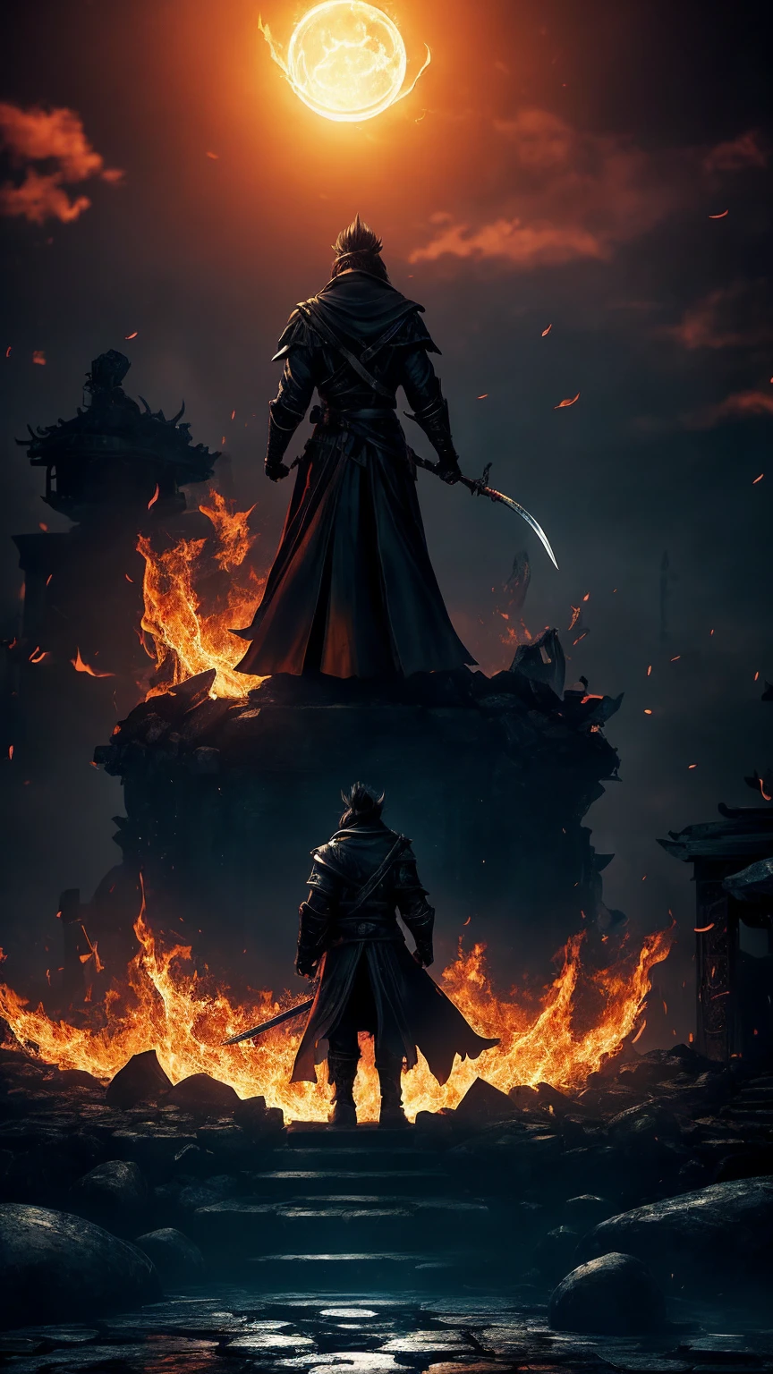 Create an animated illustration inspired by these lyrics. The scene symbolizes an epic moment of fighting the darkness and finding the light of hope. In the foreground is a young man bravely standing his ground. He stands on a street corner in the darkness, a determined look on his face as he looks to the future.

The young man has short black hair and wears a black coat and boots. In his hand he holds a flaming sword that glows with a light that warms his frozen heart. Around him, the shadows of demons stir and fear and despair swirl, but his courage and determination cut through the darkness.

The background depicts a city at night, dark and somber. Eerie shadows hover on street corners, and bells tolling with doom. In the distance, the end of the night, a whirlwind of despair, can be seen, and a maddened demon is about to awaken.

A red moon floats in the sky, accentuating the sense of dread and tension. Around them float souls consumed by darkness, and the atmosphere is one of sorrow and anger.

The overall mood conveys the determination and courage to light a fire in the frozen hearts and be a light that illuminates the darkness as the nightmare melody of the Hyakki Yakko banquet begins and tears at the souls. The illustration symbolizes a figure rising up to seize the future in the midst of the incessant battle.

Translated with DeepL.com (free version)