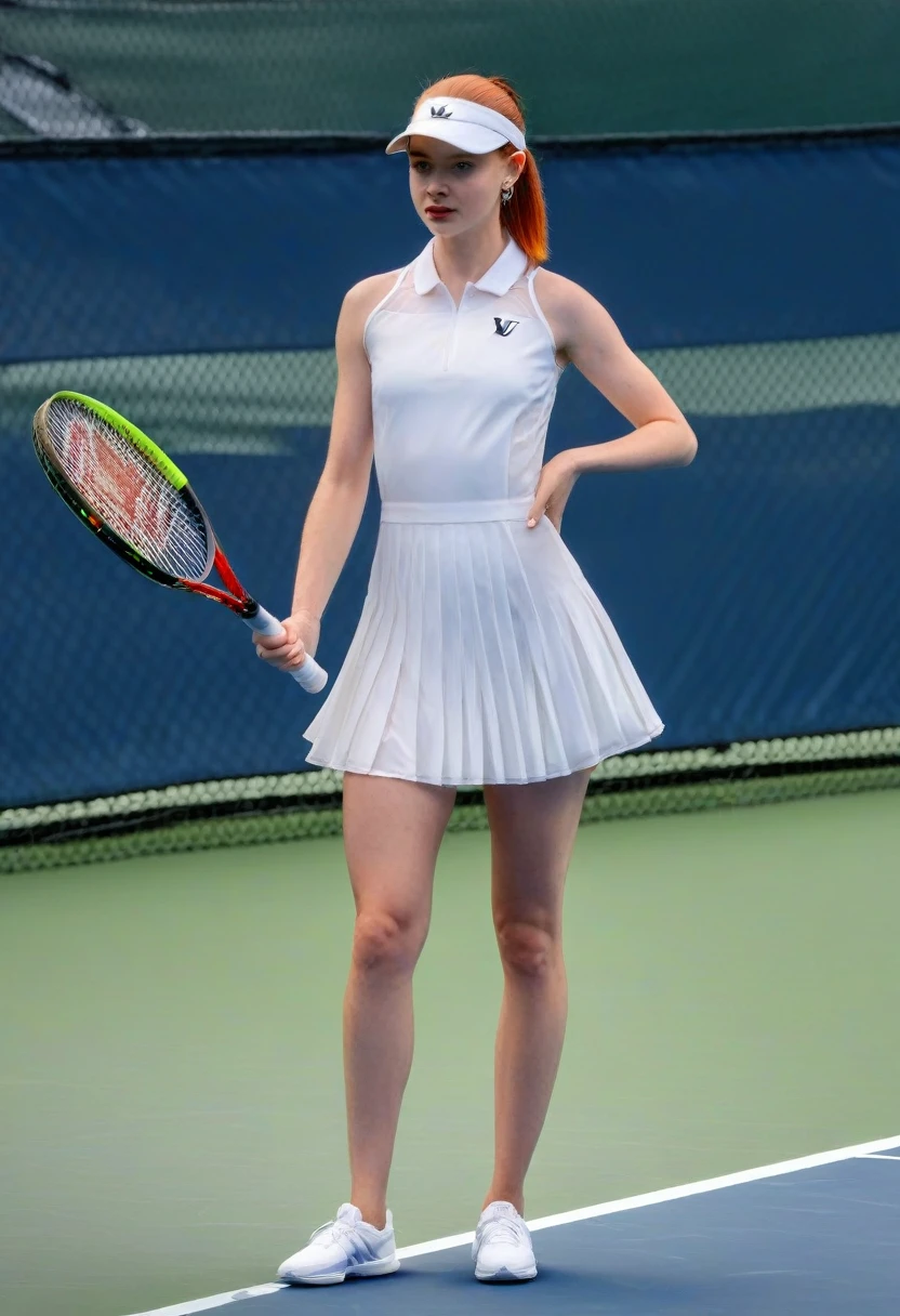 1girl, full body, 9:16 aspect ratio, McKenna Grace, white pleated silk tennis minidress by Addidas, sheer shiny shimmering silky tan pantyhose by L'eggs, 5 inch white high heeled stilettoes by Louis Vuitton, holding tennis racket, posing on tennis court at Authur Ashe Stadium, New York City in background, red lipstick, dangling earrings, fiery red hair in ponytail, stylish visor, hyper detailed, photorealistic, stunning, professional, masterpiece