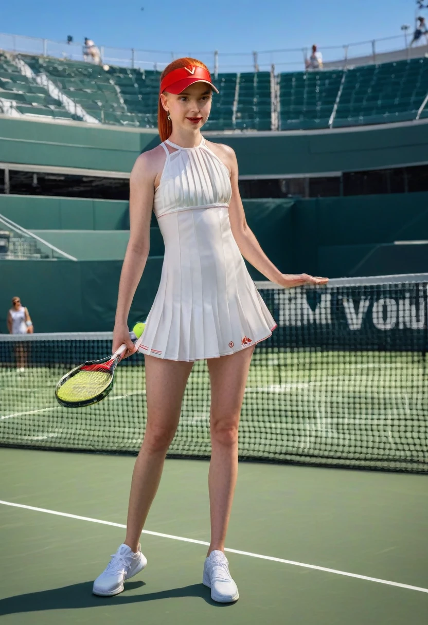1girl, full body, 9:16 aspect ratio, McKenna Grace, white pleated silk tennis minidress by Addidas, sheer shiny shimmering silky tan pantyhose by L'eggs, 5 inch white high heeled stilettoes by Louis Vuitton, holding tennis racket, posing on tennis court at Authur Ashe Stadium, New York City in background, red lipstick, dangling earrings, fiery red hair in ponytail, stylish visor, hyper detailed, photorealistic, stunning, professional, masterpiece