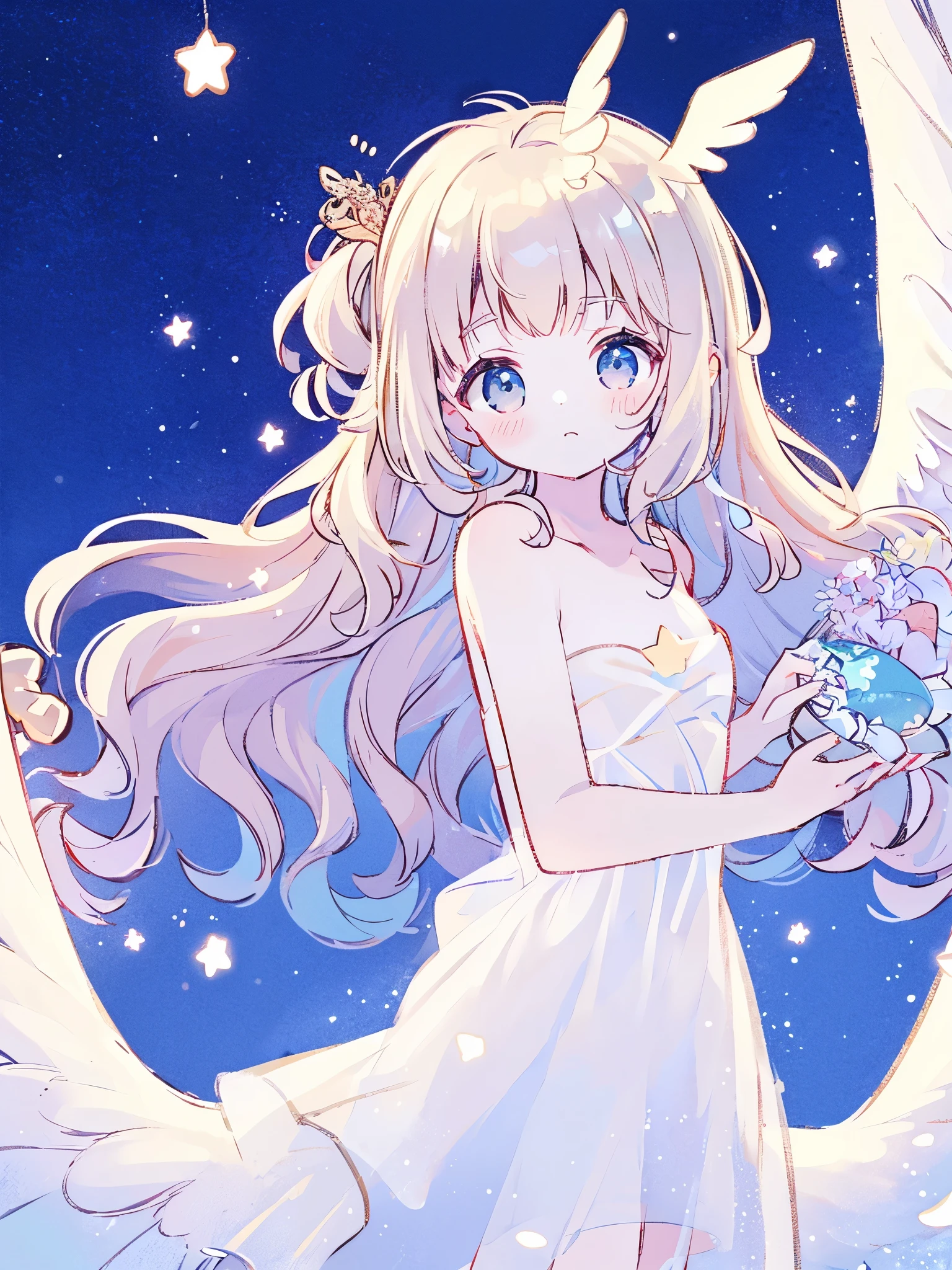 nude angel girl wearing an ethereal translucent dress, pale skin, ((blue mint wavy hair)), white feathers, angel wings, sparkling detailed eyes, golden ratio face, perfect composition, highly detailed, ethereal, (starry night sky background), midjourney style