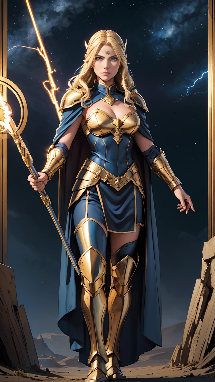 ((Full-length photo, standing, feet on the ground)) blonde haired norse goddess wearing a helmet, dark blue armor with gold trim, armored Gauntlet. cape with star-field. Cleavage. She has a stern expression. Winged helmet. Posed with arm raised Shooting lightning from hand.(detailed eyes, detailed face)