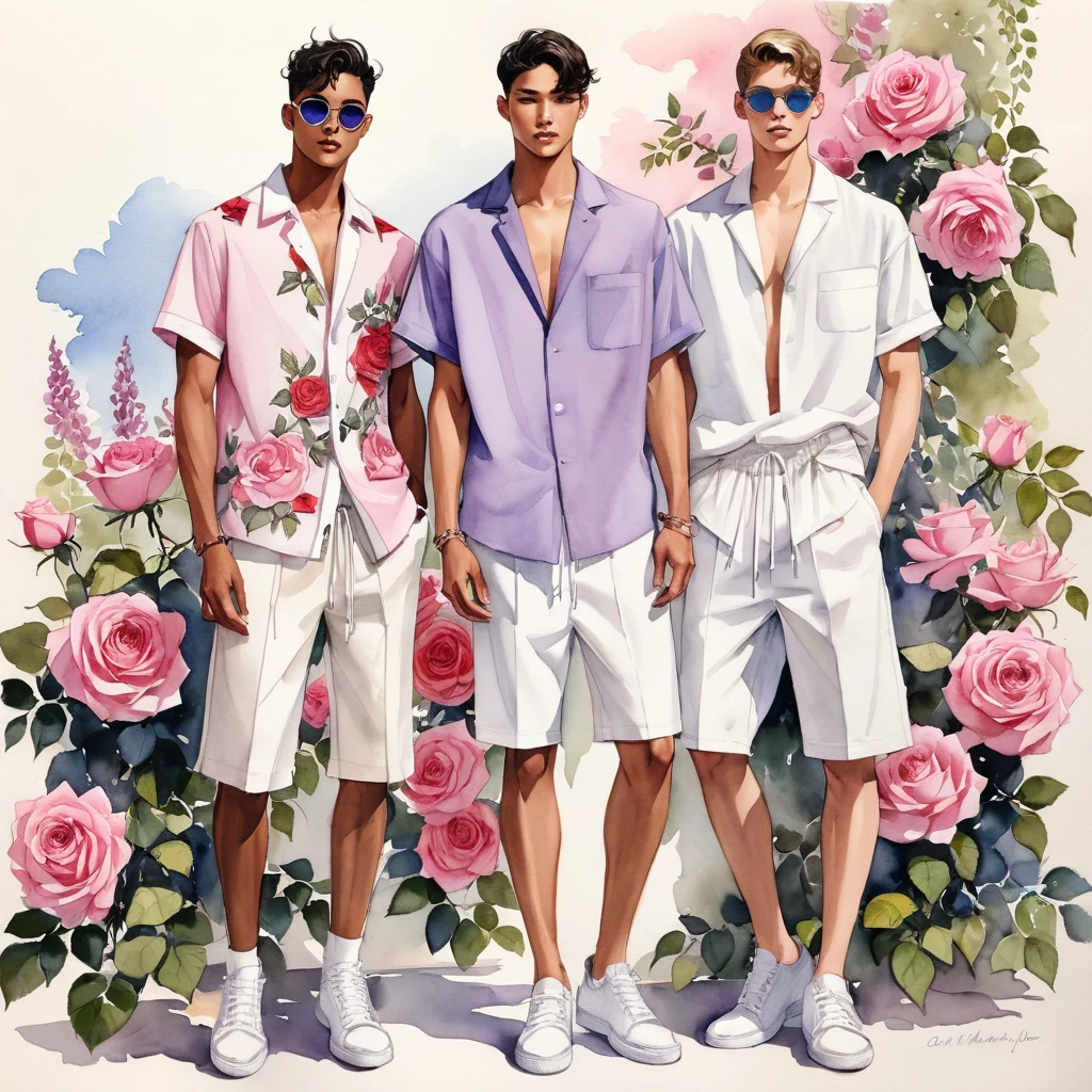 candid fashion illustration of young Mixed race 2man, both aged 18-23 year old, ((showcase fashion look book in linen outfits)), the design inspired by Lucifer Rose by KAWAMOTO Rose Garden, in elegant chic style. The man wears an oversized short-sleeved shirt with a minimal rose embroidery details, paired with relaxed-fit white Short with Drawstring, He completes his look with white sneakers and round glasses. The boyfriend complements him in a skinny fitted speedo in a stripe pattern, semi bulge, He resemble includes an accessorizes with a hat and white sneakers, Captured in a low angle, ((full-body image)), ((Lucifer roses motifs background)), fashion sketching, realistic drawing, ((imperfect water color drawing background)), fashion look book, fashion illustrator, fashion sketch design, gay, gay couple, Lucifer Rose pearlized lilac tone or wisteria color.