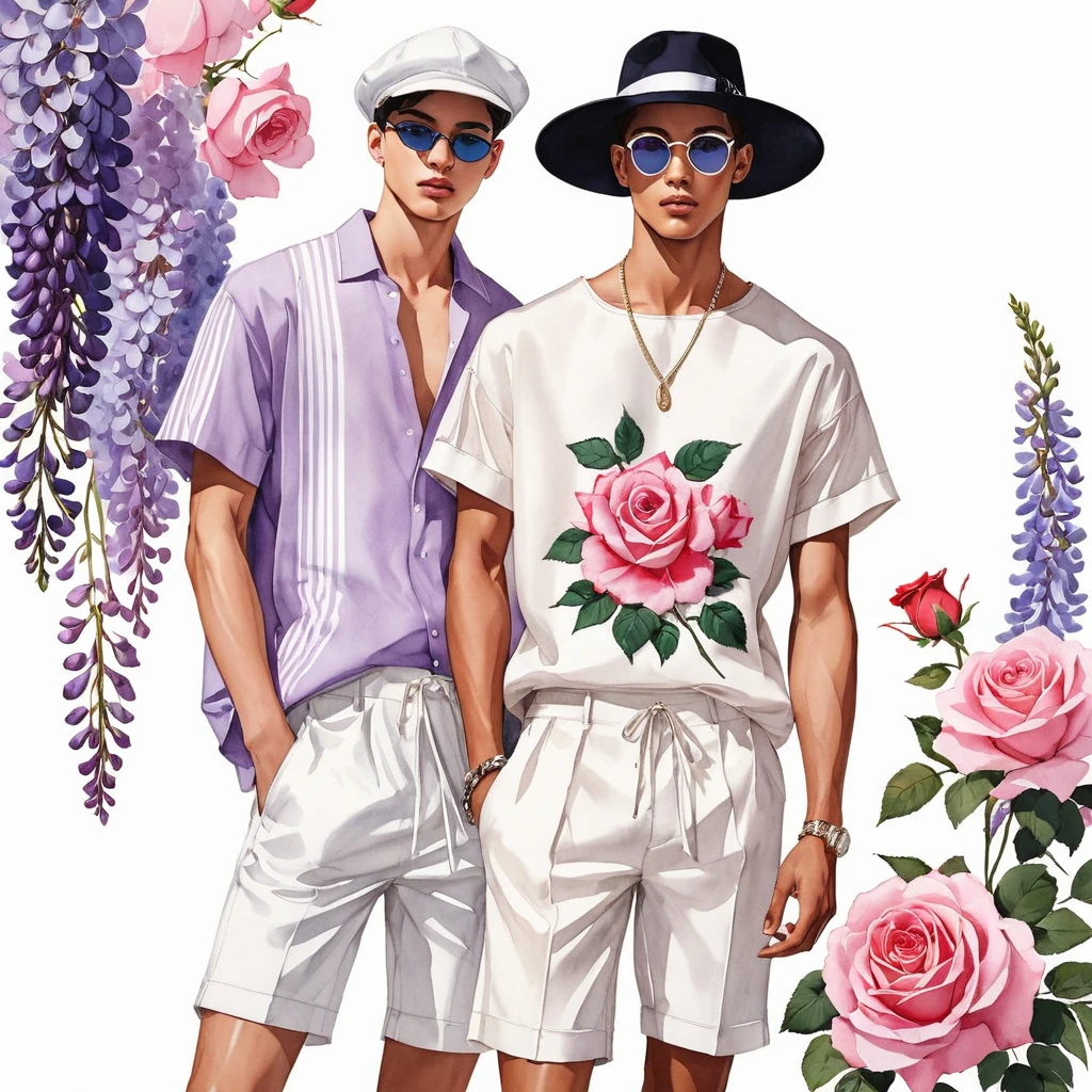 candid fashion illustration of young Mixed race 2man, both aged 18-23 year old, ((showcase fashion look book in linen outfits)), the design inspired by Lucifer Rose by KAWAMOTO Rose Garden, in elegant chic style. The man wears an oversized short-sleeved shirt with a minimal rose embroidery details, paired with relaxed-fit white Short with Drawstring, He completes his look with white sneakers and round glasses. The boyfriend complements him in a skinny fitted speedo in a stripe pattern, semi bulge, He resemble includes an accessorizes with a hat and white sneakers, Captured in a low angle, ((full-body image)), ((Lucifer roses motifs background)), fashion sketching, realistic drawing, ((imperfect water color drawing background)), fashion look book, fashion illustrator, fashion sketch design, gay, gay couple, Lucifer Rose pearlized lilac tone or wisteria color.