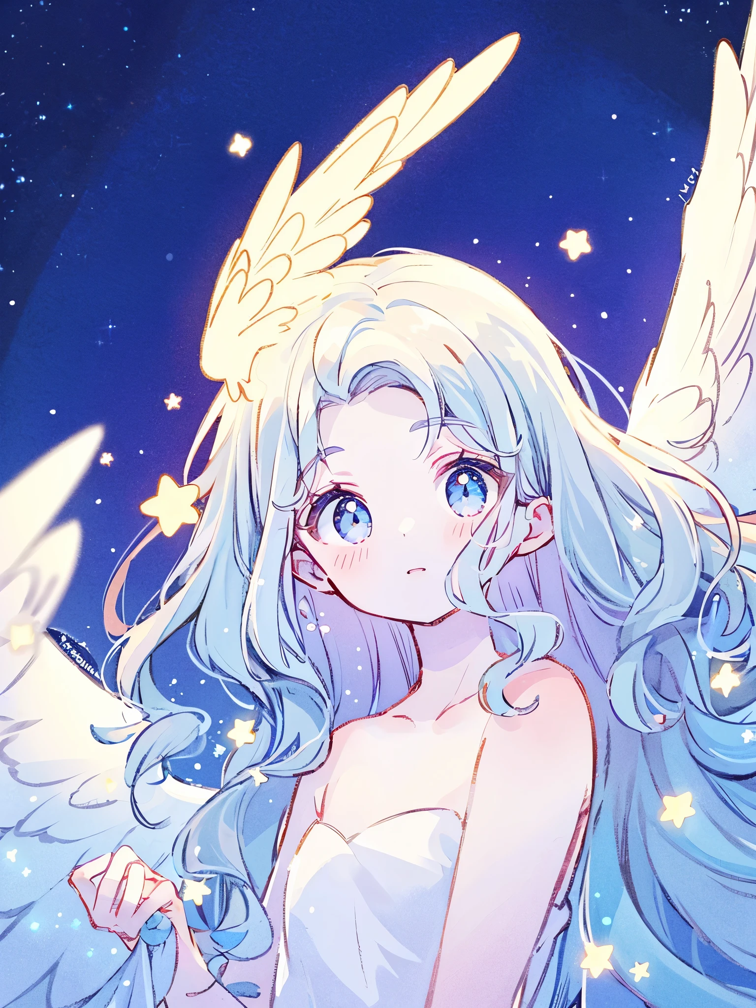 nude angel girl wearing an ethereal translucent dress, pale skin, ((blue mint wavy hair)), white feathers, angel wings, sparkling detailed eyes, golden ratio face, perfect composition, highly detailed, ethereal, (starry night sky background), midjourney style