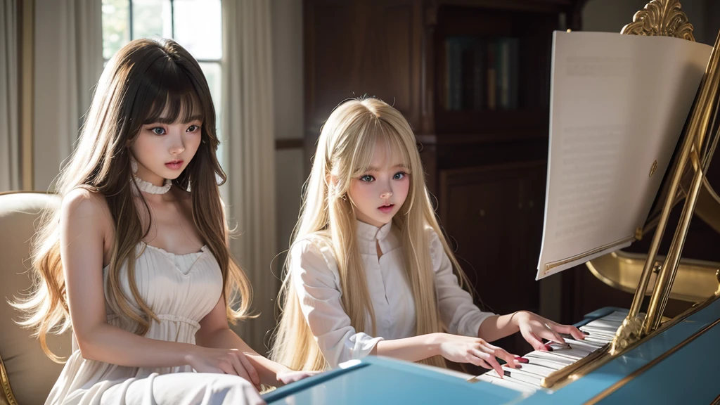 playing piano.silky shiny skin、22 year old cute sexy little beautiful face、Hair glows in front of a cute face、long silky bangs covering the eyes、pale light blue eyes、Young woman super long blonde shiny golden bright straight hair、with round face、Small face beauty、big eye、bright expression、The dress、Even big in clothes